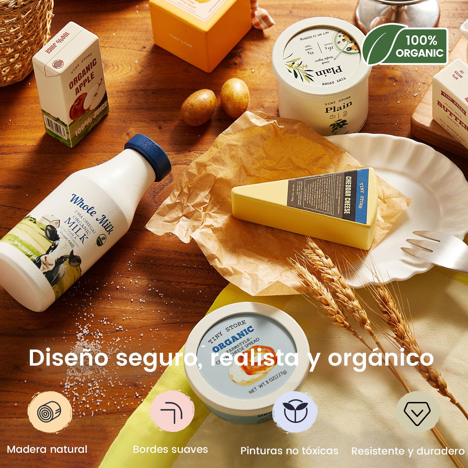 Tiny Land Comida de Juguete de Madera - Set de 7 Alimentos con Leche, Yogur y Queso, Accesorios Cocinita de Madera Montessori, Juego Simbólico para Tienda y Supermercado, Regalo Niños 2+ Años