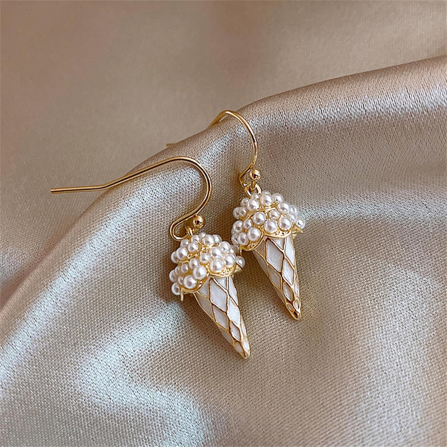 Icecream Cone Pearl Earrings for Women Gold Plated Handmade Lovely 3D Imitate Ice Cream Cake Food Cute Small Dangle Drop Earrings for Birthday Summer Beach Vacation Fashion Jewelry Gifts - Image 4