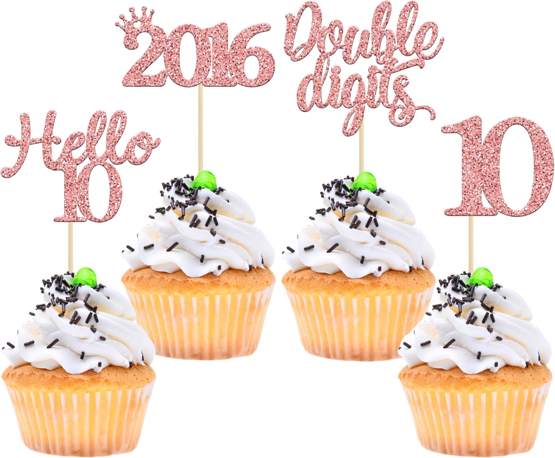 Gyufise 24 Pack Rose Gold Glitter Happy 10th Birthday Cupcake Toppers 10 Ten Hello 10 Double Dights Since 2014 Cupcake Picks for 10th Birthday Party Decorations