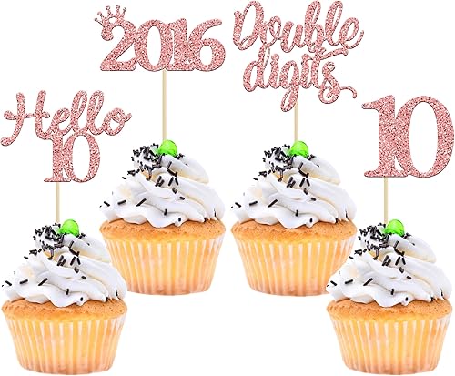 Gyufise Paquete de 24 adornos para cupcakes de 10 cumpleaños con purpurina de oro rosa 10 10 Dights dobles desde 2015 para decoraciones de fiesta de