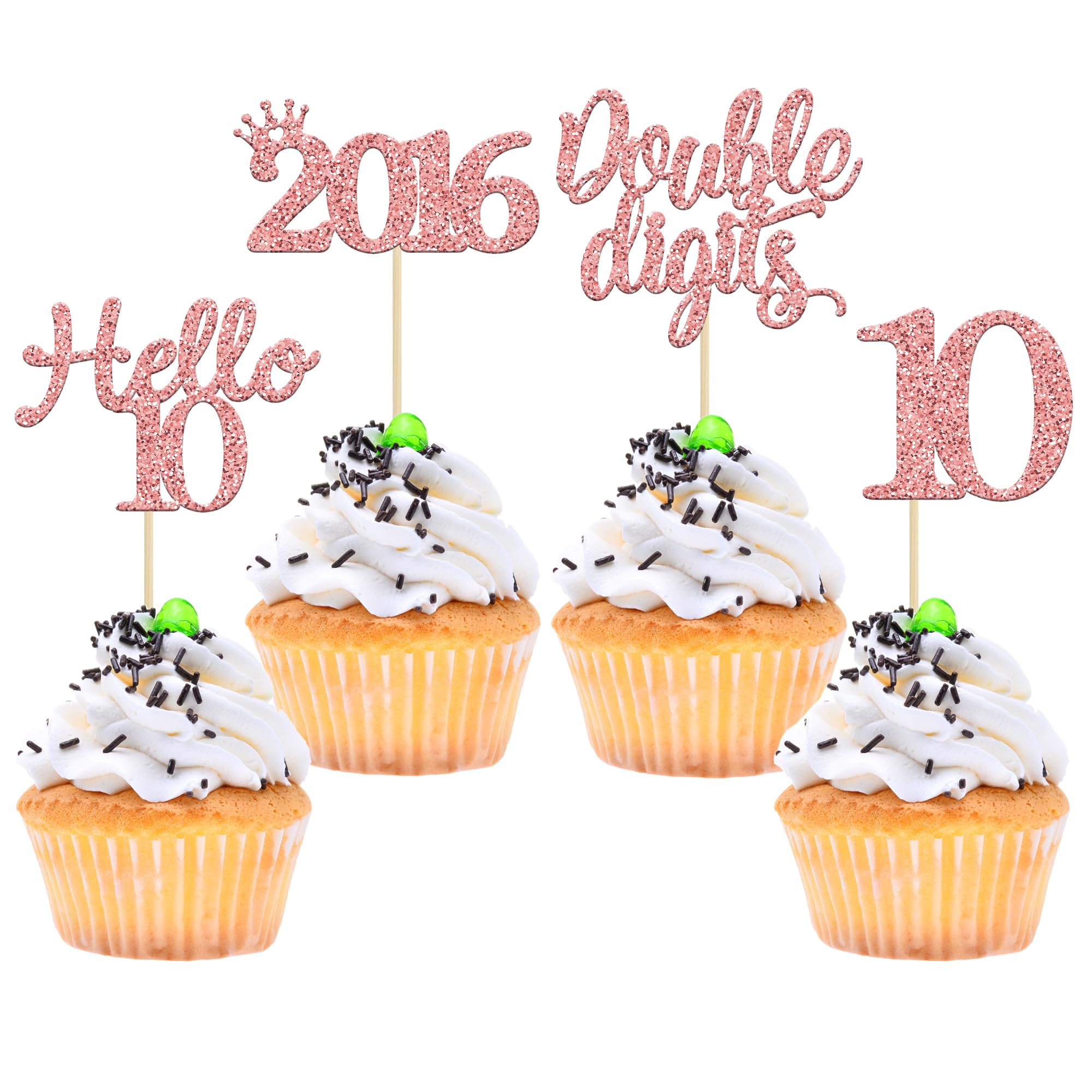 Gyufise 24 Pack Rose Gold Glitter Happy 10th Birthday Cupcake Toppers 10 Ten Hello 10 Double Dights Since 2014 Cupcake Picks for 10th Birthday Party Decorations