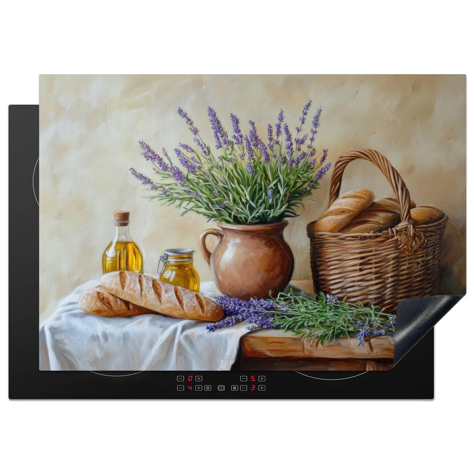 KitchenYeah© Induction Hob Protector Mat 20.5"x29.5" / 75x52 cm Stove Cap Top Cover Kitchen Cooker Covers for Electric Hobs Vinyl Lavender - Bread - Still Life