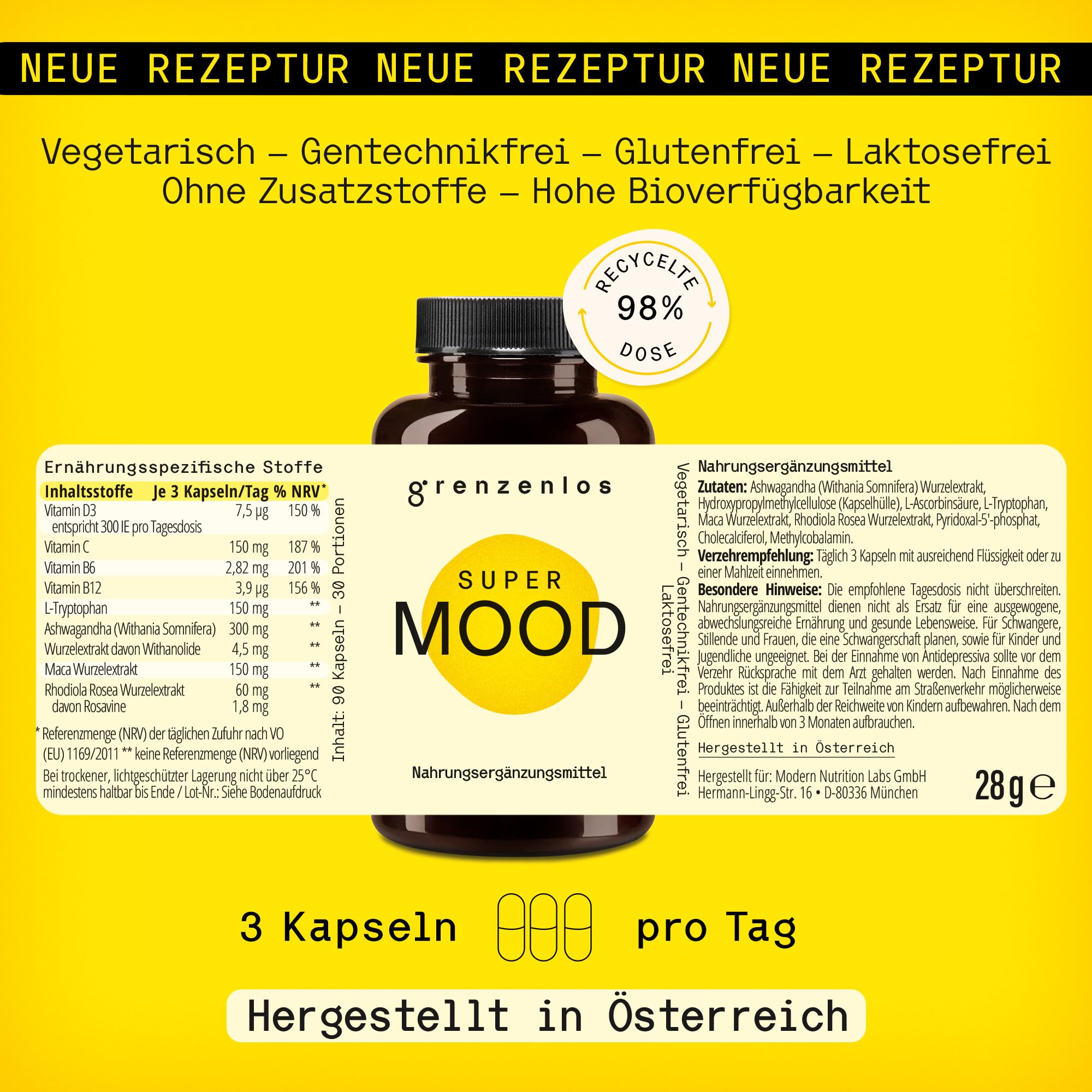 grenzenlos® Super Mood | Seelisches Wohlbefinden & mentale Stärke | Mit dem Serotonin Booster L-Tryptophan + Ashwagandha, Rosenwurz & Maca | Hochdosiert & pflanzlich | 90 Kapseln | Aus der Alpenregion