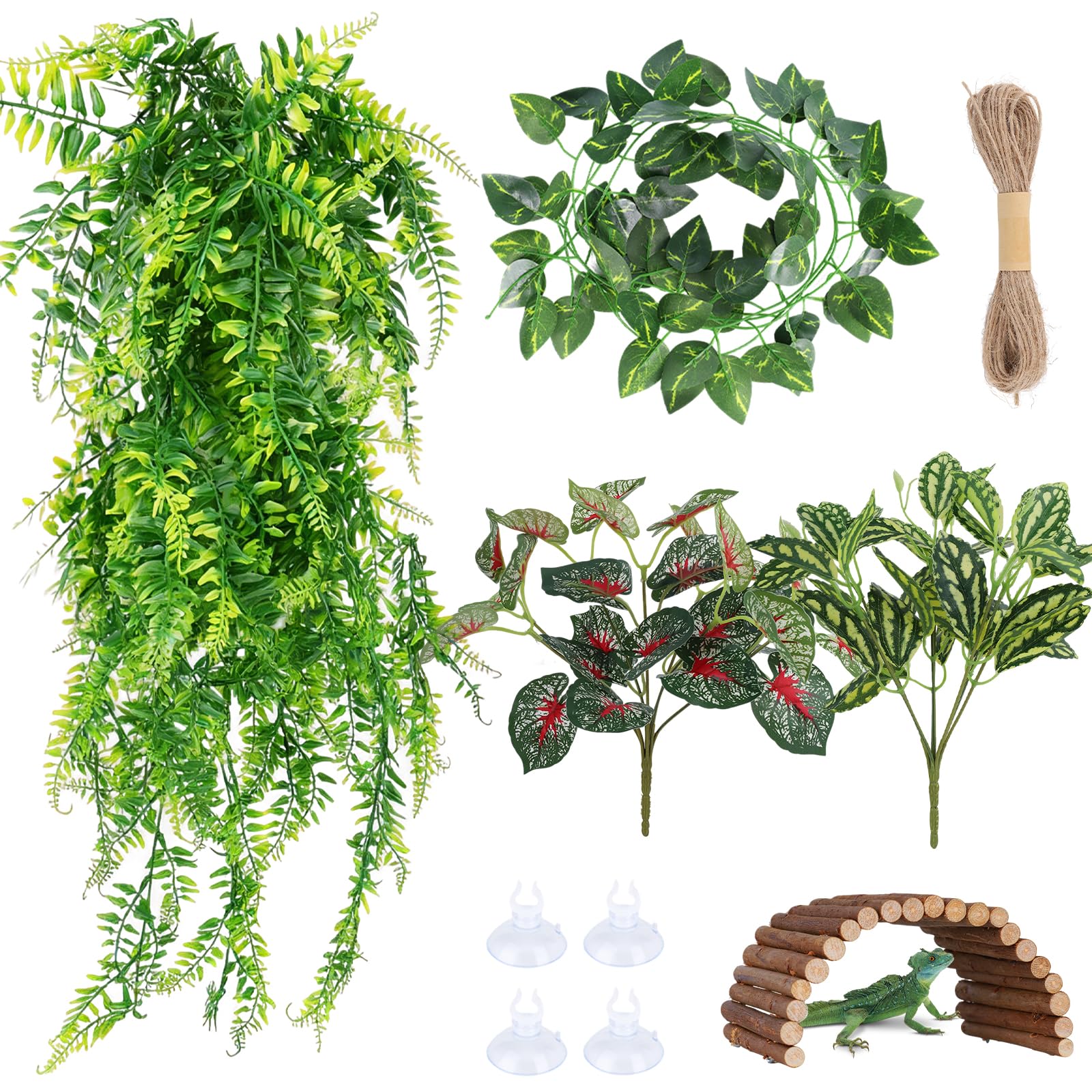 Bearded Dragon Tank Accessories,Reptile Hanging Plants,Terrarium Reptile Hanging Plants Vines Artificial Leaves Reptile Hide with Suction Cup for Bearded Dragon Lizard Snake