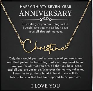 37th wedding anniversary necklace from husband to wife. A necklace engraved with a message to help wife become more beautiful every day. Sentimental gift from husband