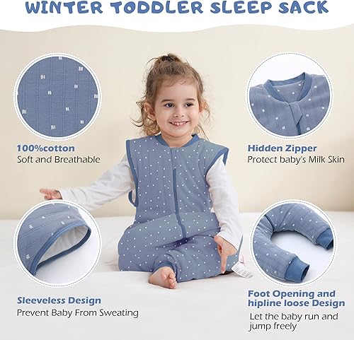 Miniatura 10 de LAT - Saco de dormir para bebé con pies de invierno, manta sin mangas con piernas, saco cálido para bebés y niños pequeños gruesos 2.5 TOG, 1-6T,