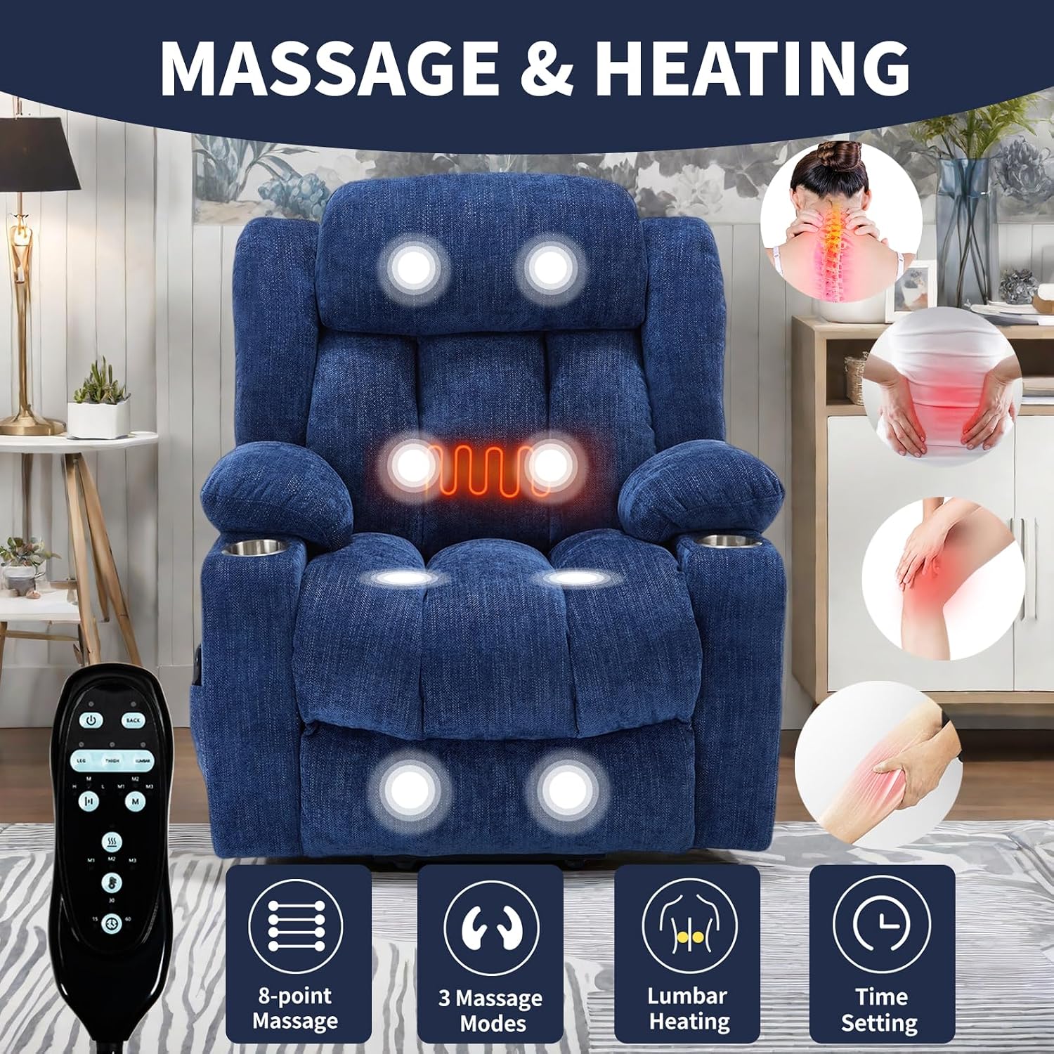 Power Lift Recliner Chair for Elderly People, Recliners Chair with Vibration Massage and Heat, Standing Assistance Reclining with Cup Holders&Charging Ports, Chenille Fabric Blue
