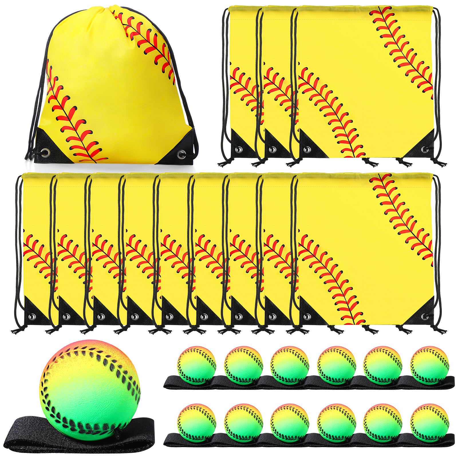 MiniInflat 12 Pcs Drawstring Bags with Wrist Return Ball Backpack Sports Party Favors Accessories for Kids Gift(Softball)