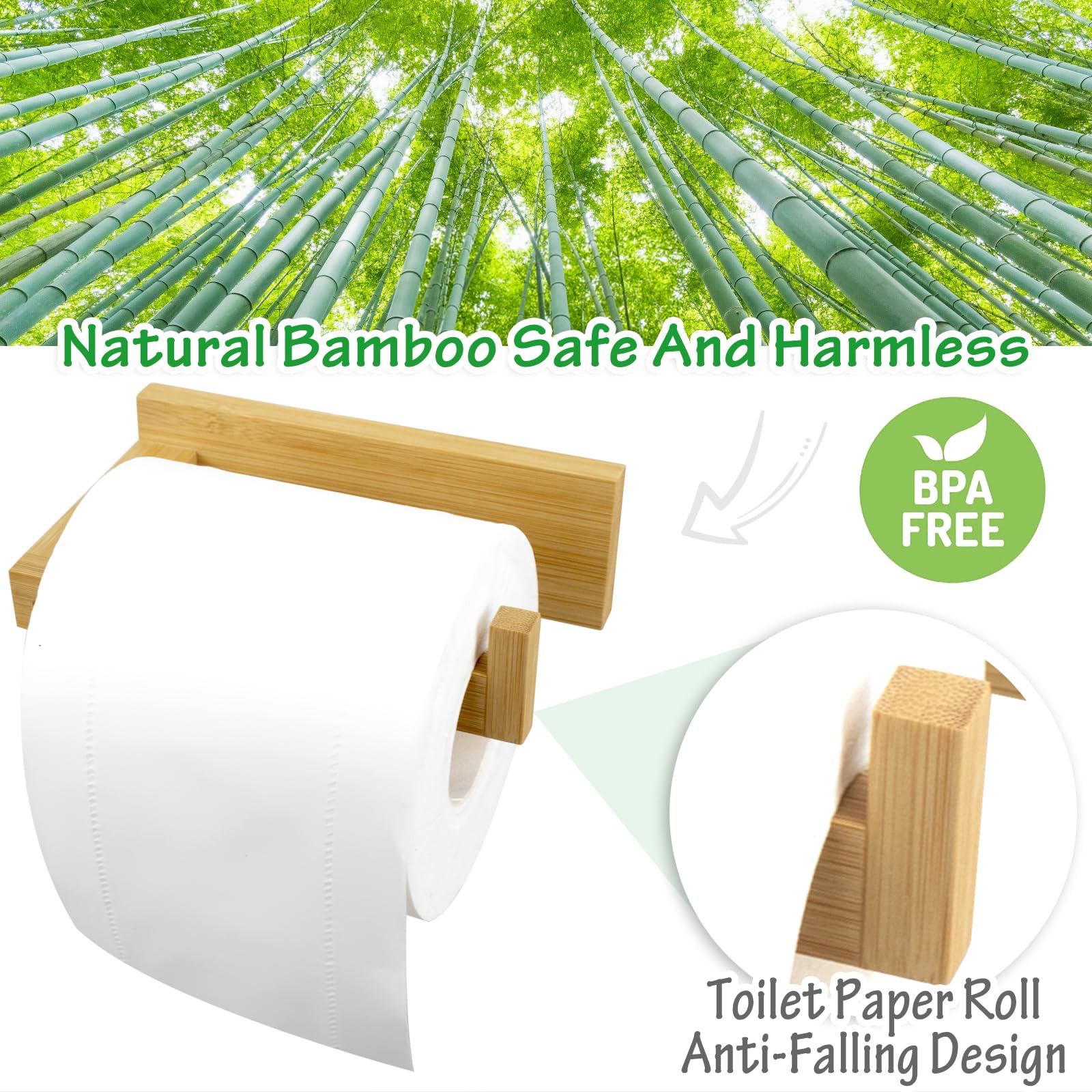 Soporte de papel higiénico de bambú para colgar en la pared, autoadhesivo o con tornillo, soporte para rollo de papel higiénico para baño y cocina 2