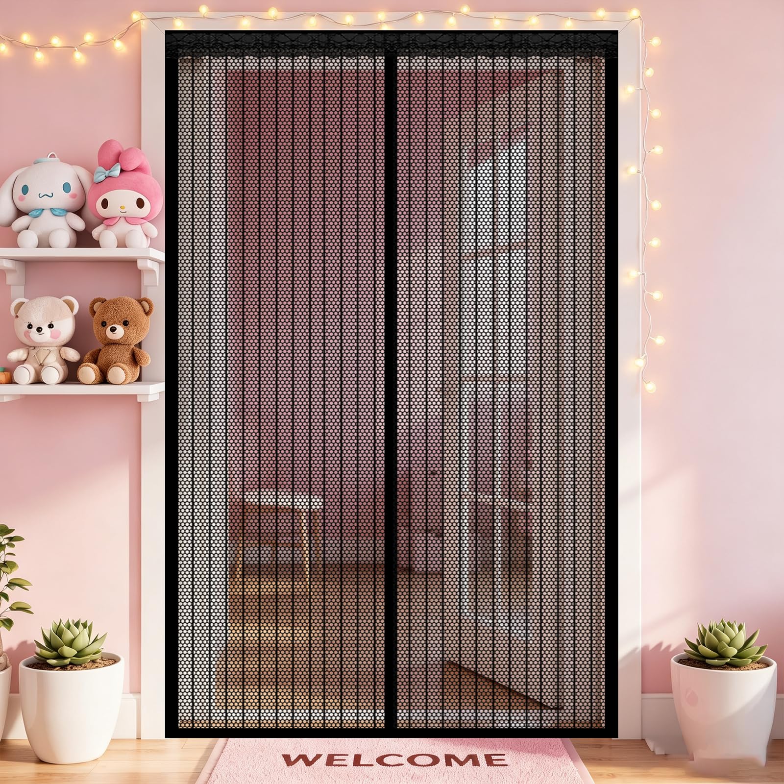 Screen Door 260 x 270 cm Self Sealing Powerful Magnets Heavy Duty Door Screen with Powerful Magnets & Full Frame Magic Tape Suitable for Patio Doors Balcony Bedroom, Black