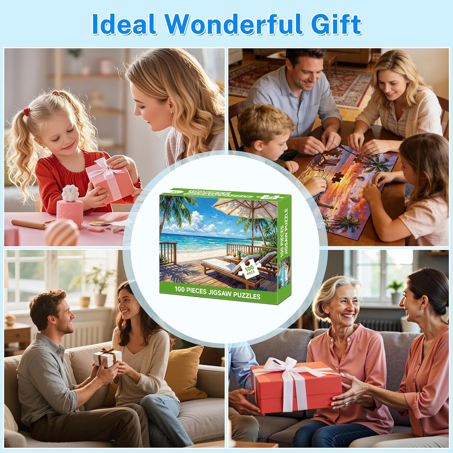 4-Pack 100 Piece Puzzles for Adults Seniors, Nature Landscape Jigsaw Puzzles 100 Pieces, Beach Resort Turtle Sunset Lighthouse Large Piece Jigsaw Puzzles for Seniors Adults Family Game Gifts 15"x11"
