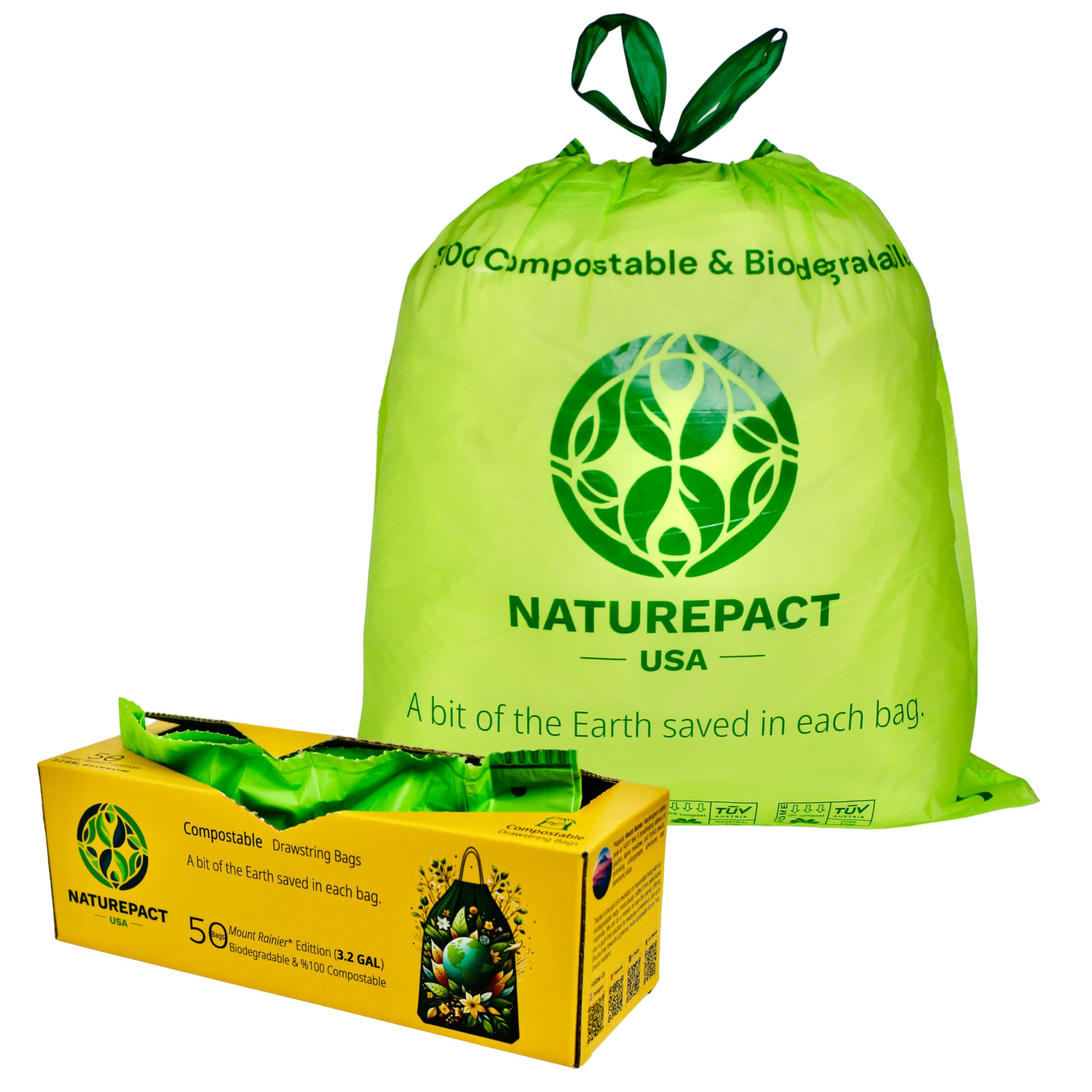 NaturePact USA Extra Thick 1 MIL Compostable Trash Bags, Drawstring, 3.2 Gallon - Heavy Duty, Ultra Durable,Leak Proof, Kitchen Compost Bin Compatible