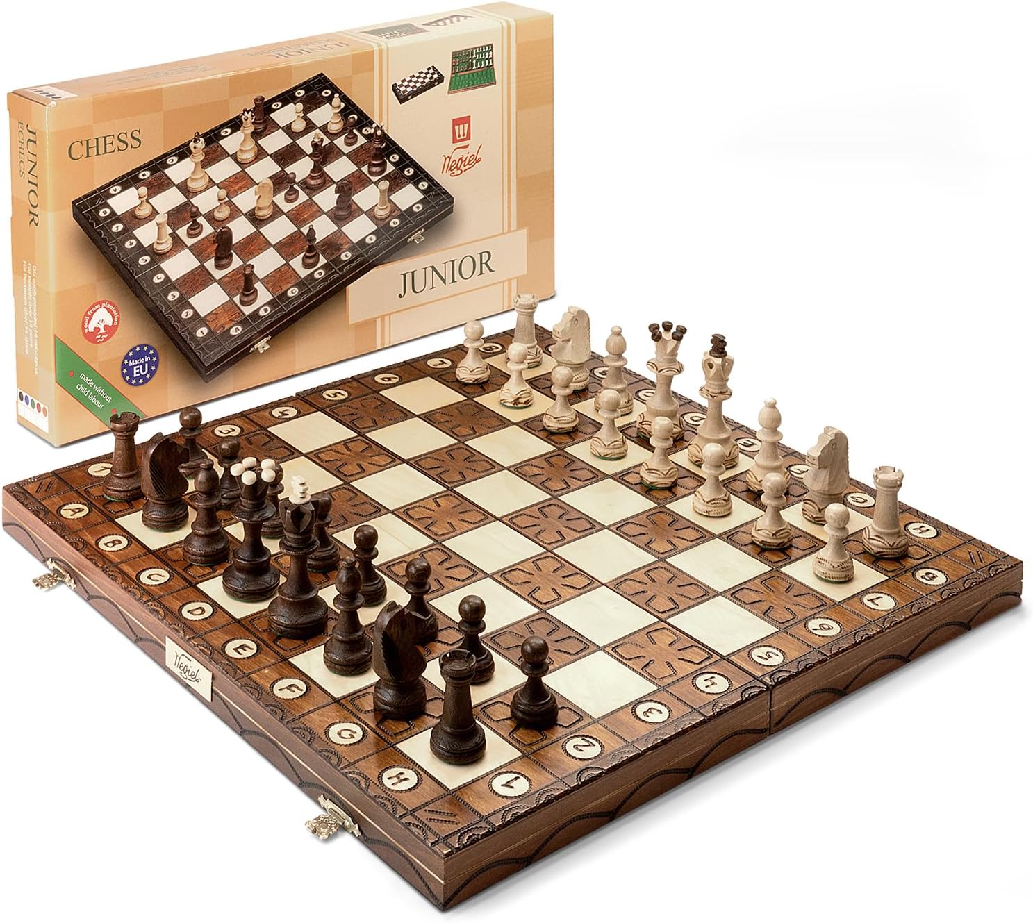 Wegiel Handmade Junior European International Chess Set - 16 Inch Luxury Wooden Chess Set for Adults and Kids, Premium Beech and Birch Wood - Unique Folding Design with Storage