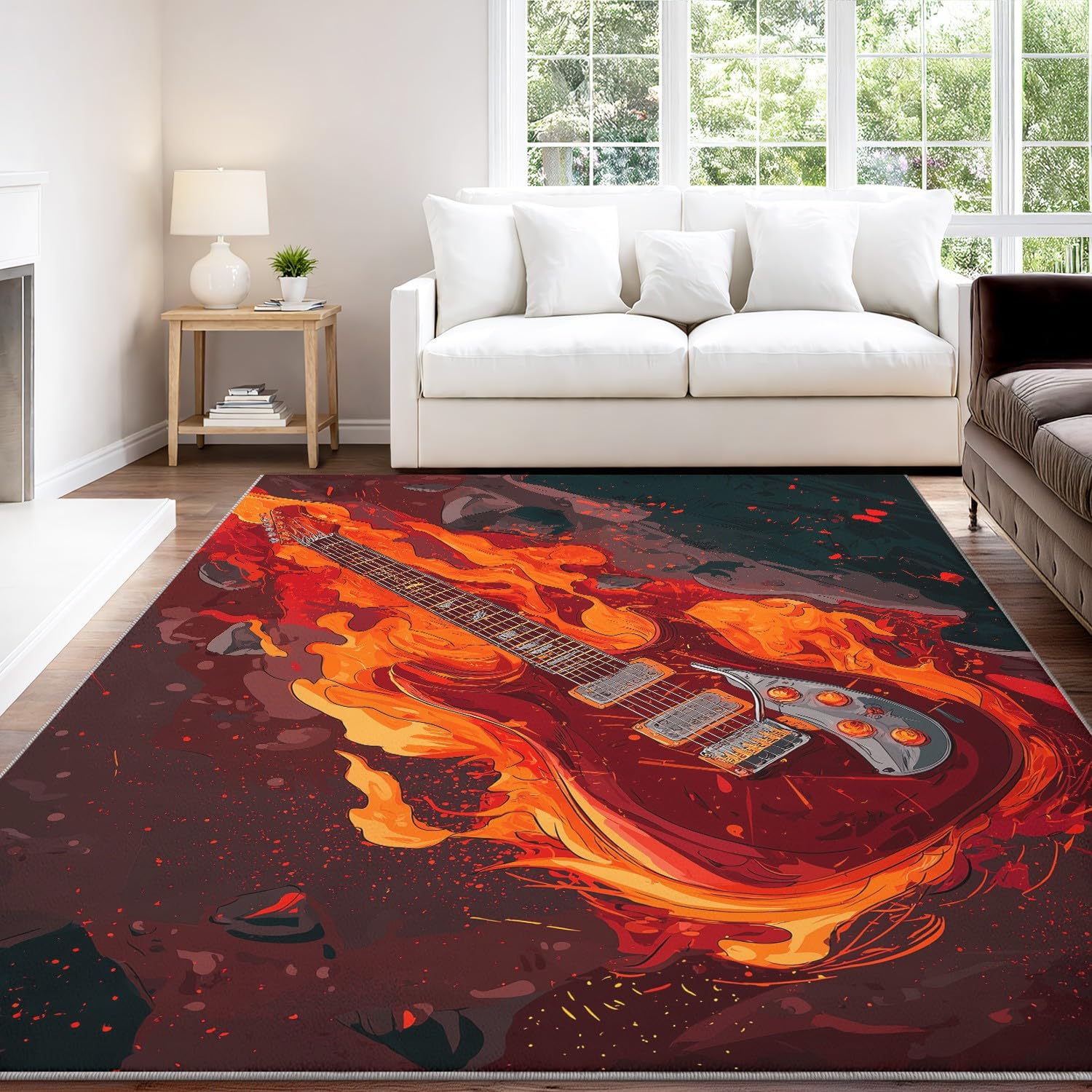 Générique Tappeto lavabile in lavatrice, soggiorno, 140 x 200 cm, tappeto rock musica a pelo basso, morbido, antiscivolo, esplosivo, chitarra, fiamme, camera da letto, cucina, ingresso sala relax