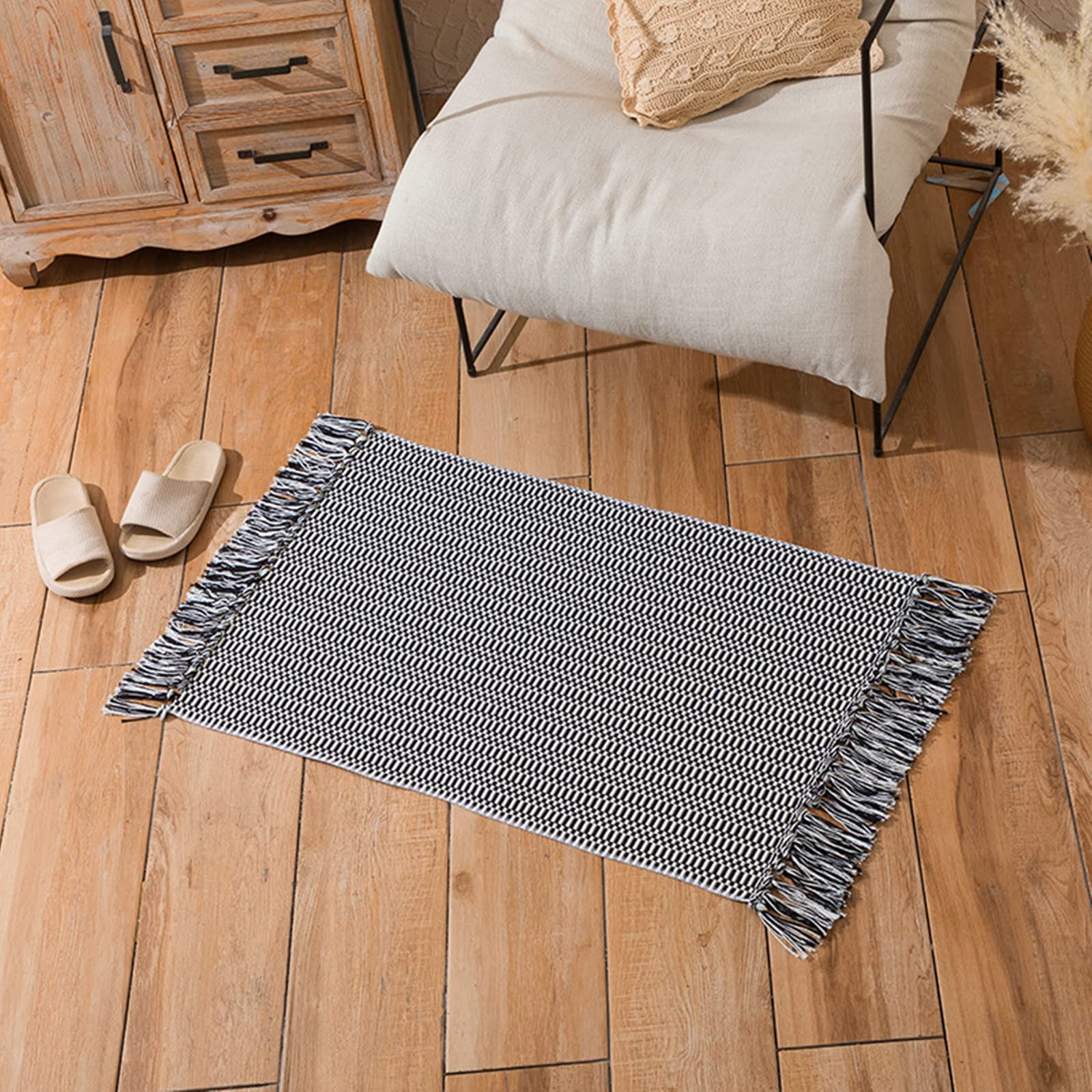 Tapis de salon 60x130 cm antidérapant avec pompons pour cuisine et chambre