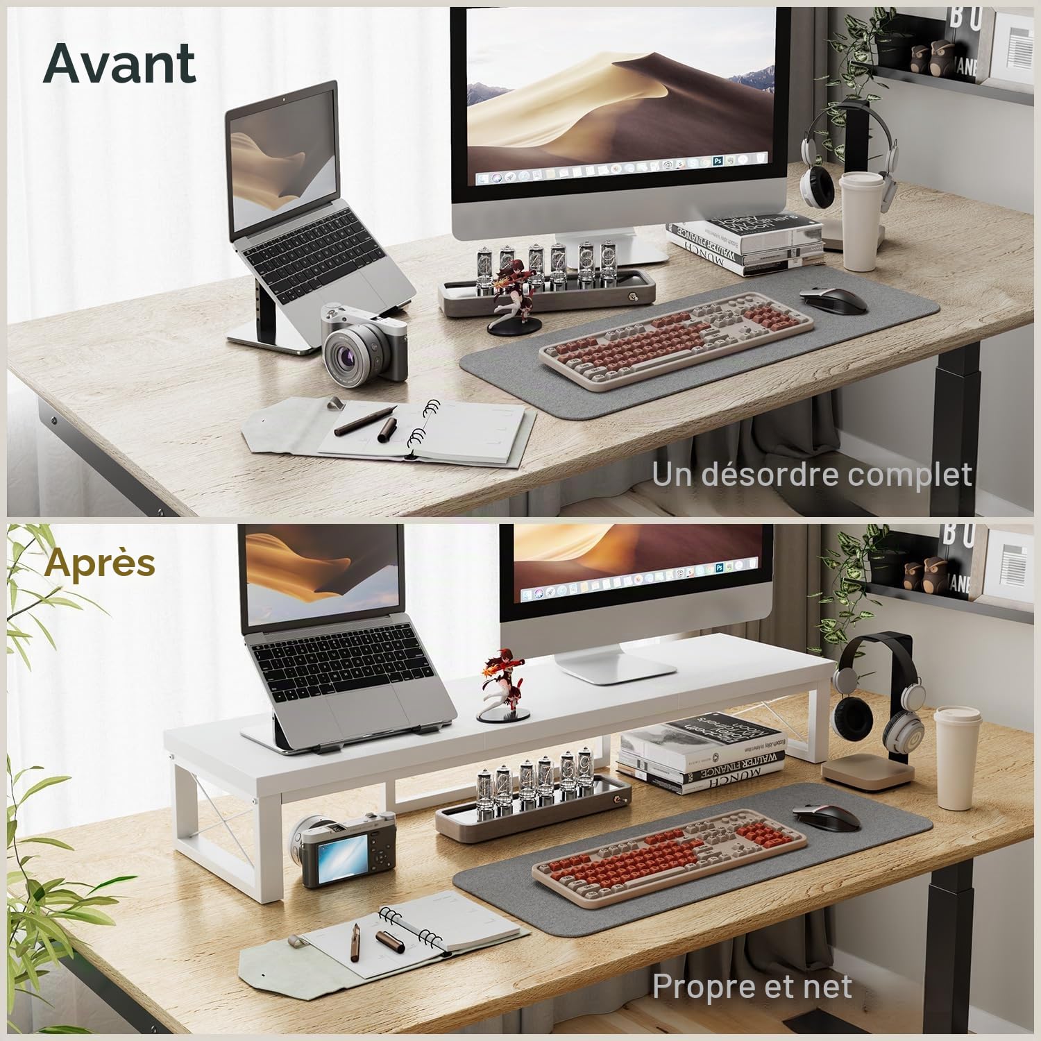 IBUYKE Support pour Double écran Moniteur, Support de Bureau en Bois de 97 cm, Bureau avec Double écran, Adapté aux PC, Imprimantes, Ordinateurs Portables, TV, Blanc TDJ002