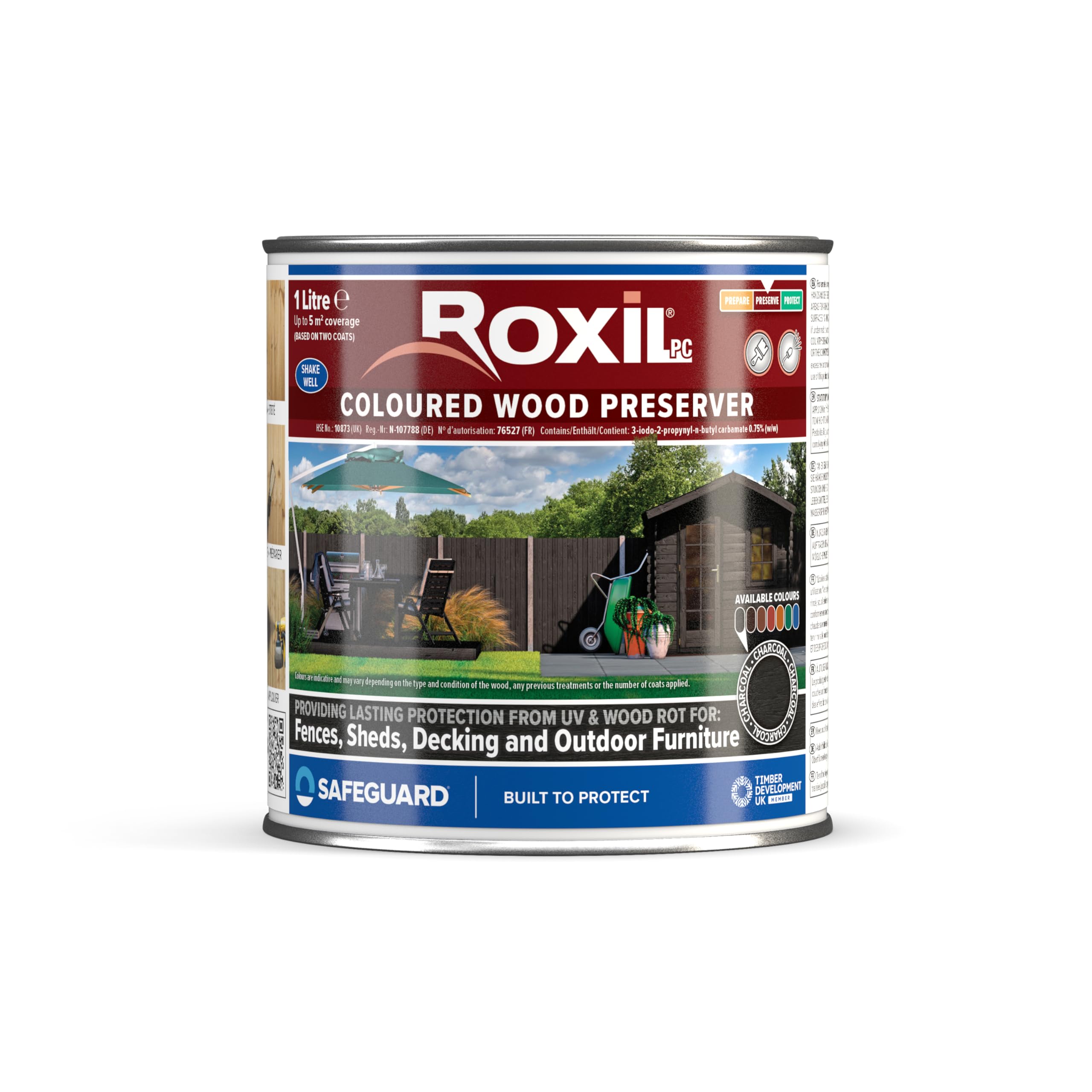 (1L, Charcoal) Roxil Wood Stain Preserver - Fast-Drying Satin Finish For Decking, Fence, Shed, Furniture. Up To 5 Year Protection For Indoor & Outdoor 5060132766699