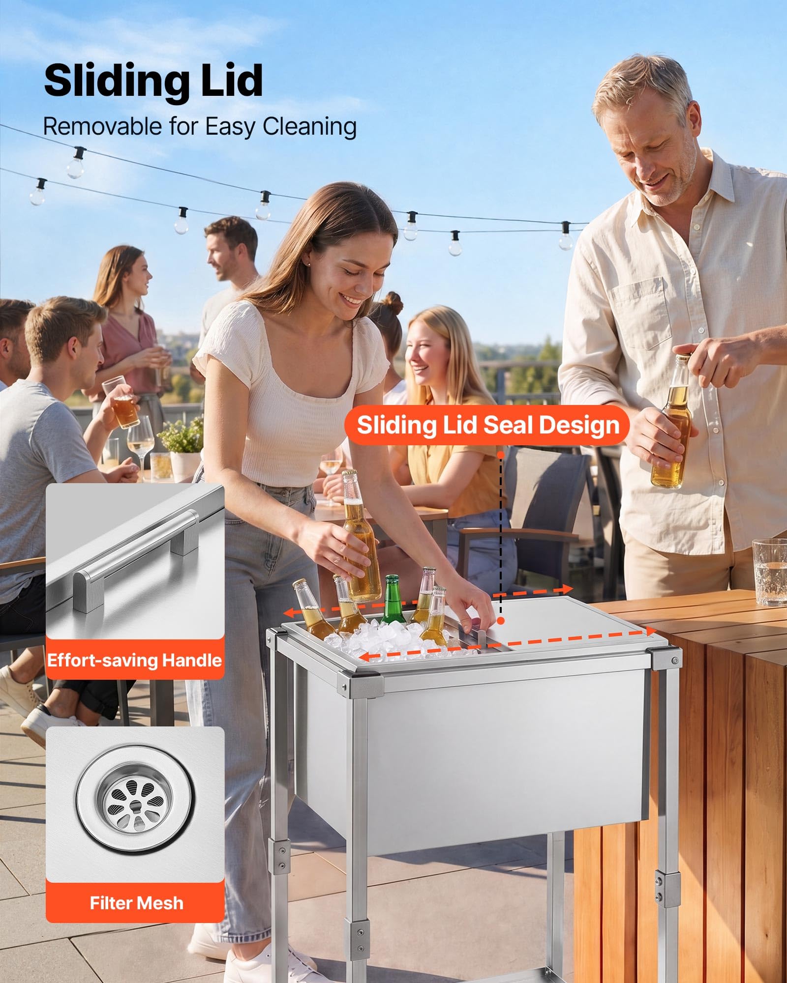 VEVOR Glacière à roulettes 42,4 L Refroidisseur de Boissons Mobile en INOX, pour Terrasse Restaurant Fête, Isolation Longue Durée sans Électricité, Desserte-glacière Passive Extérieur, Kit de Vidange