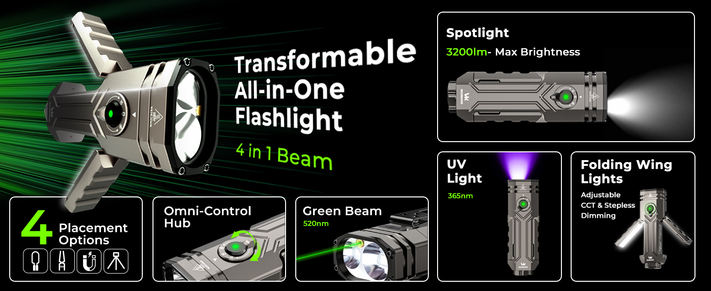 Wurkkos HD02 LED Torch 3200LM Rechargeable USB-C 5000mAh, 4-in-1