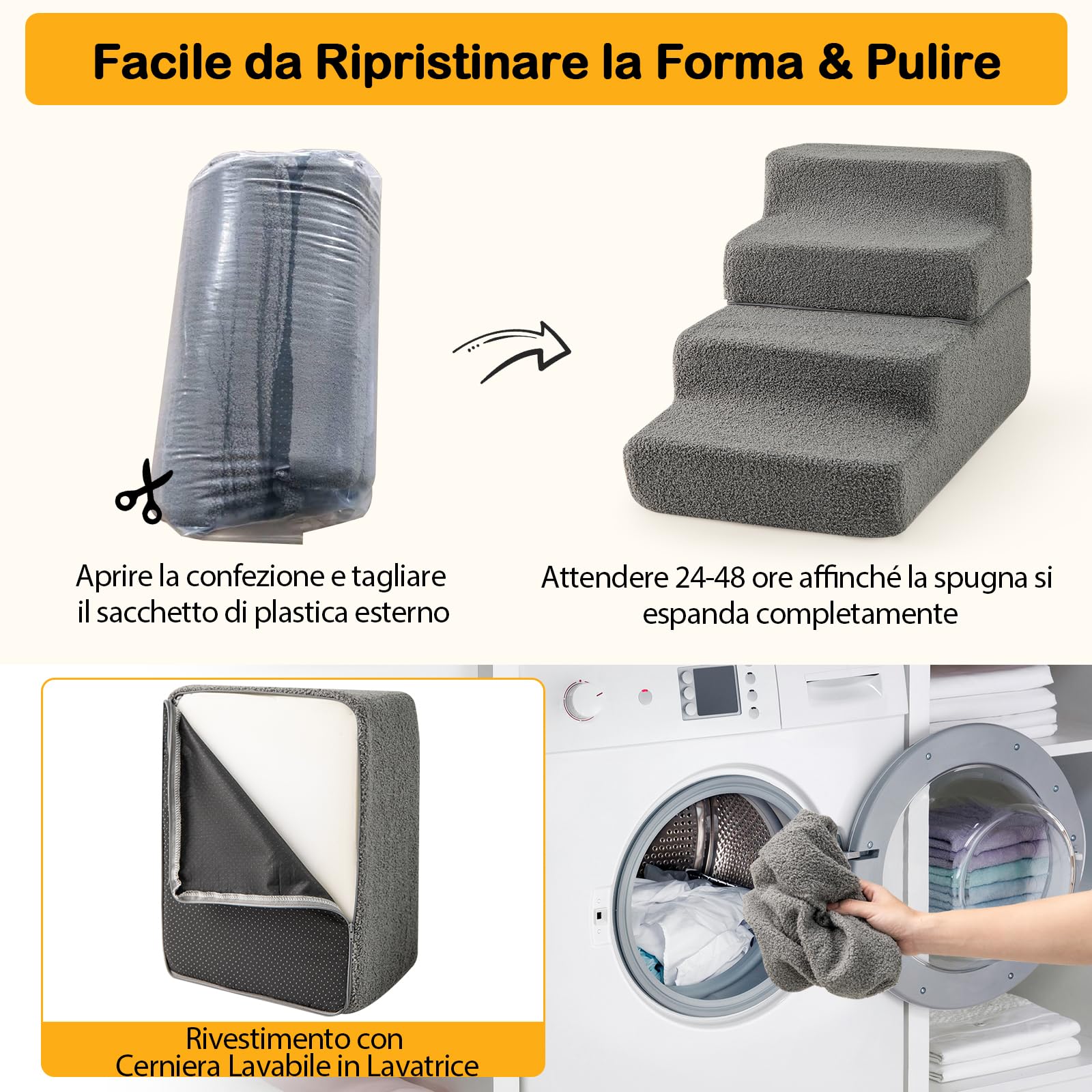 COSTWAY Rampa per Cani con 4 Gradini per Animali Piccoli, Anziani e Feriti | Scalette in Schiuma Piehgevole con Fondo Antiscivolo e Copertura Rimovibile e Lavabile per Letto Alto Divano