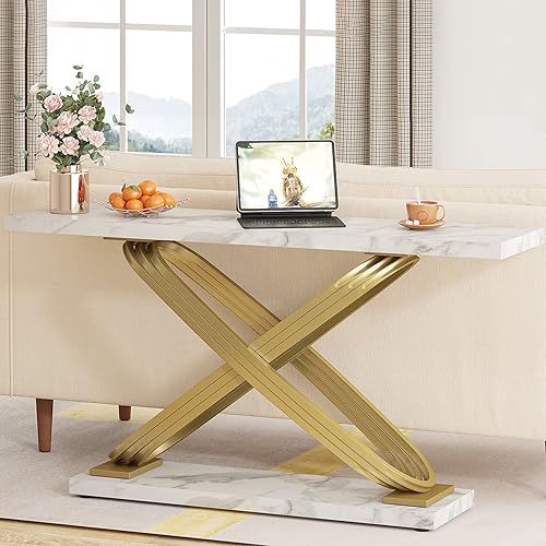 Consola moderna de mármol de 55 pulgadas, mesa larga, estrecha, rectangular, para sala de estar, color dorado y blanco glamuroso, metal, madera