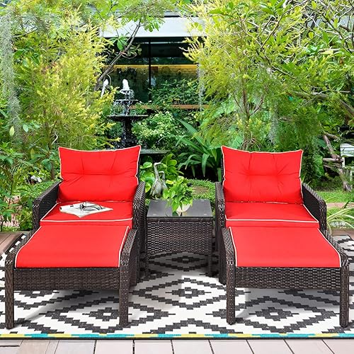 Juego de muebles de mimbre para patio, juego de conversación de mimbre modular para exteriores con 2 otomanas y mesa de centro de vidrio templado,