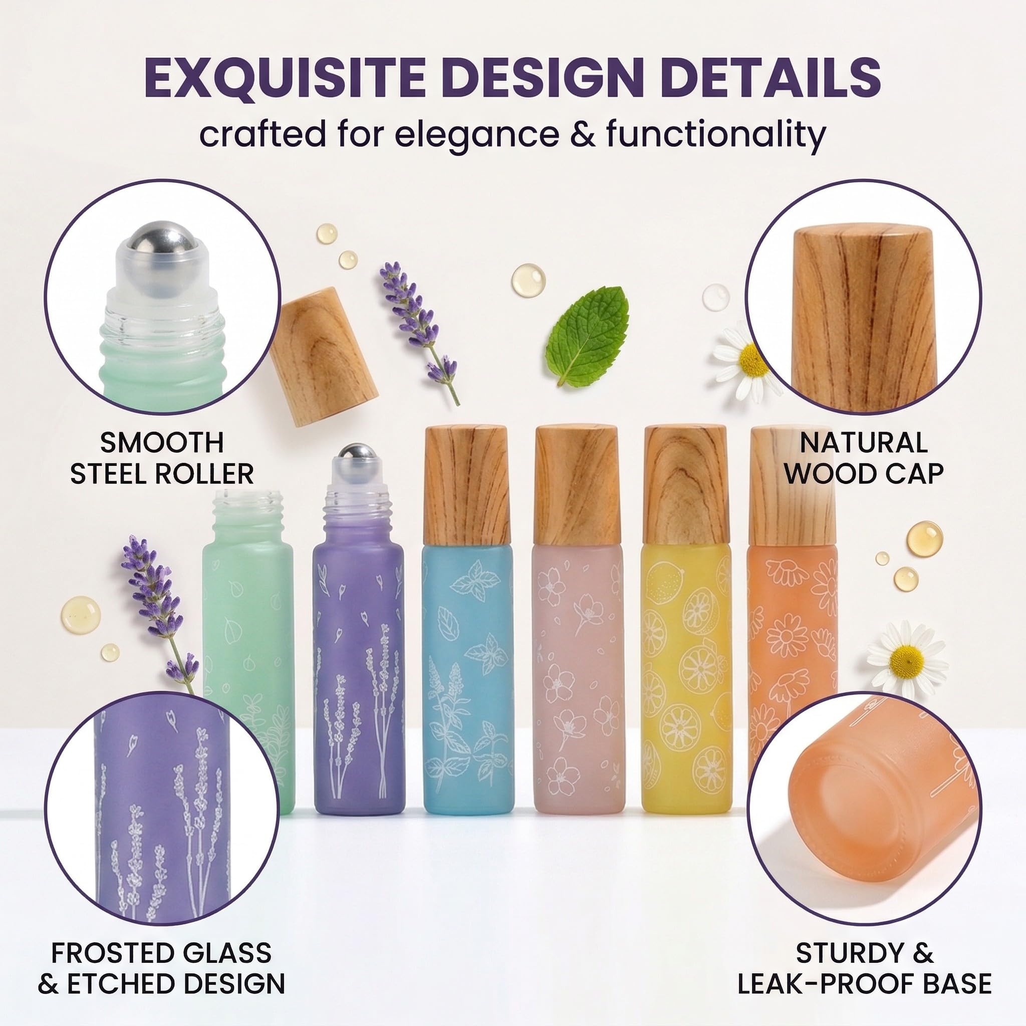 6 Pcs 10ml Roll On Aceites Esenciales,con Bolas de Acero Inoxidable,Rellenable Perfume Roll On,para Masajes, Mezclas de Aromaterapia, Perfumes