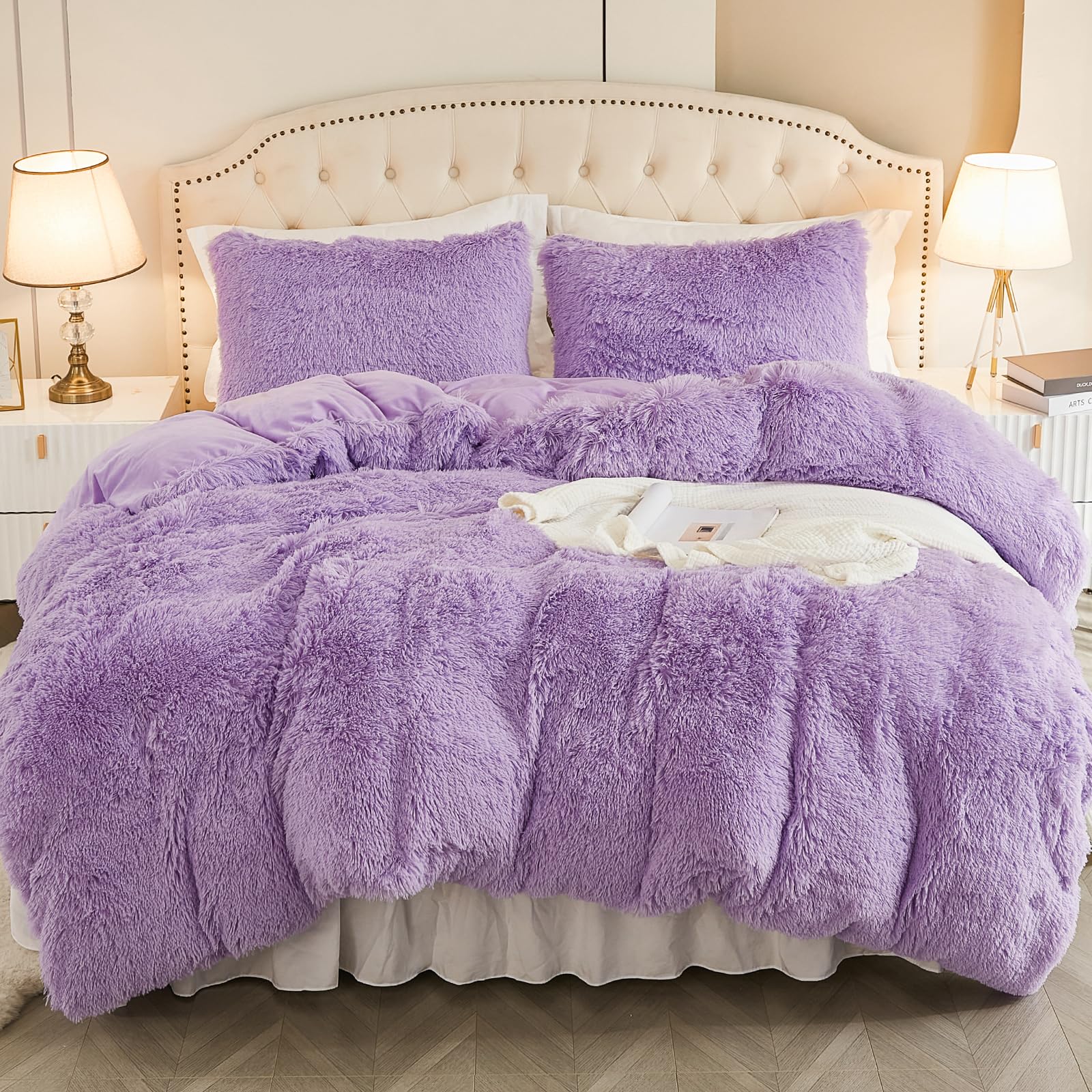 EMME Pluche beddengoedset, 200 x 200 cm, flanel, wollig dekbed, set voor bed, shaggy en pluche, zacht beddengoed, dekbedovertrekken en 2 kussenslopen van 80 x 80 cm, paars