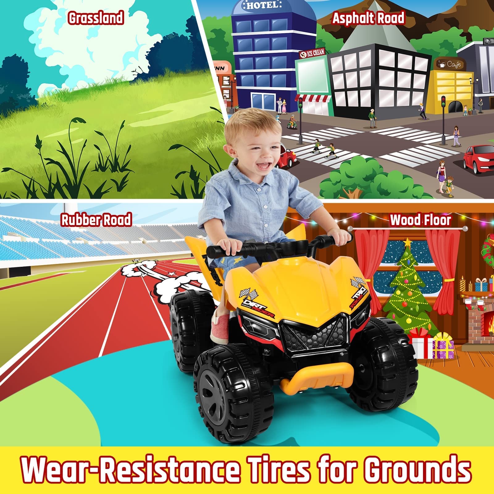 TEOAYEAH 25W Toddlers ATV, Wireless Music, 6V Battery Powered Electric ATV, Rear Motor Ride on Toys, DIY Sticker, Push Button Drive System (Yellow)