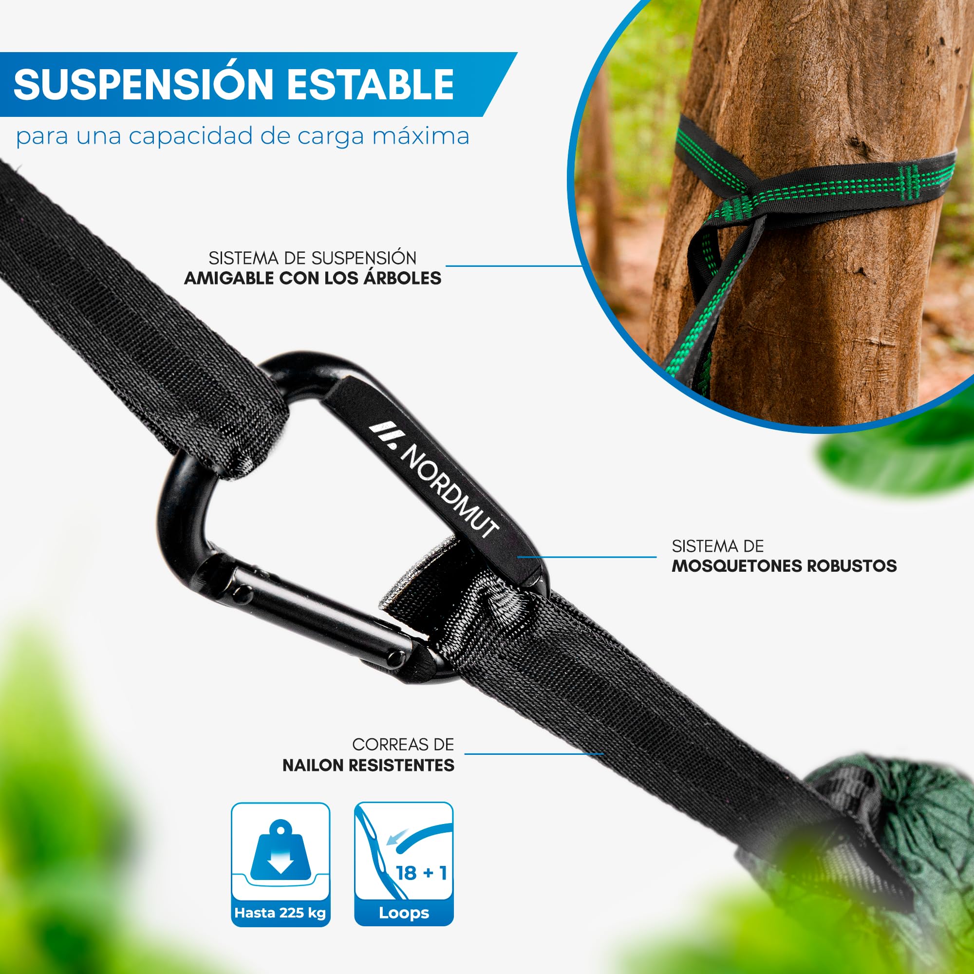 NORDMUT® Hamaca Ultraligera Outdoor [con Kit de Fijación] – Hamaca de Camping con Set de Protección de Árboles para Camping, Outdoor y Jardín – Carga Máxima 300 kg (Verde / 140 x 275 cm)