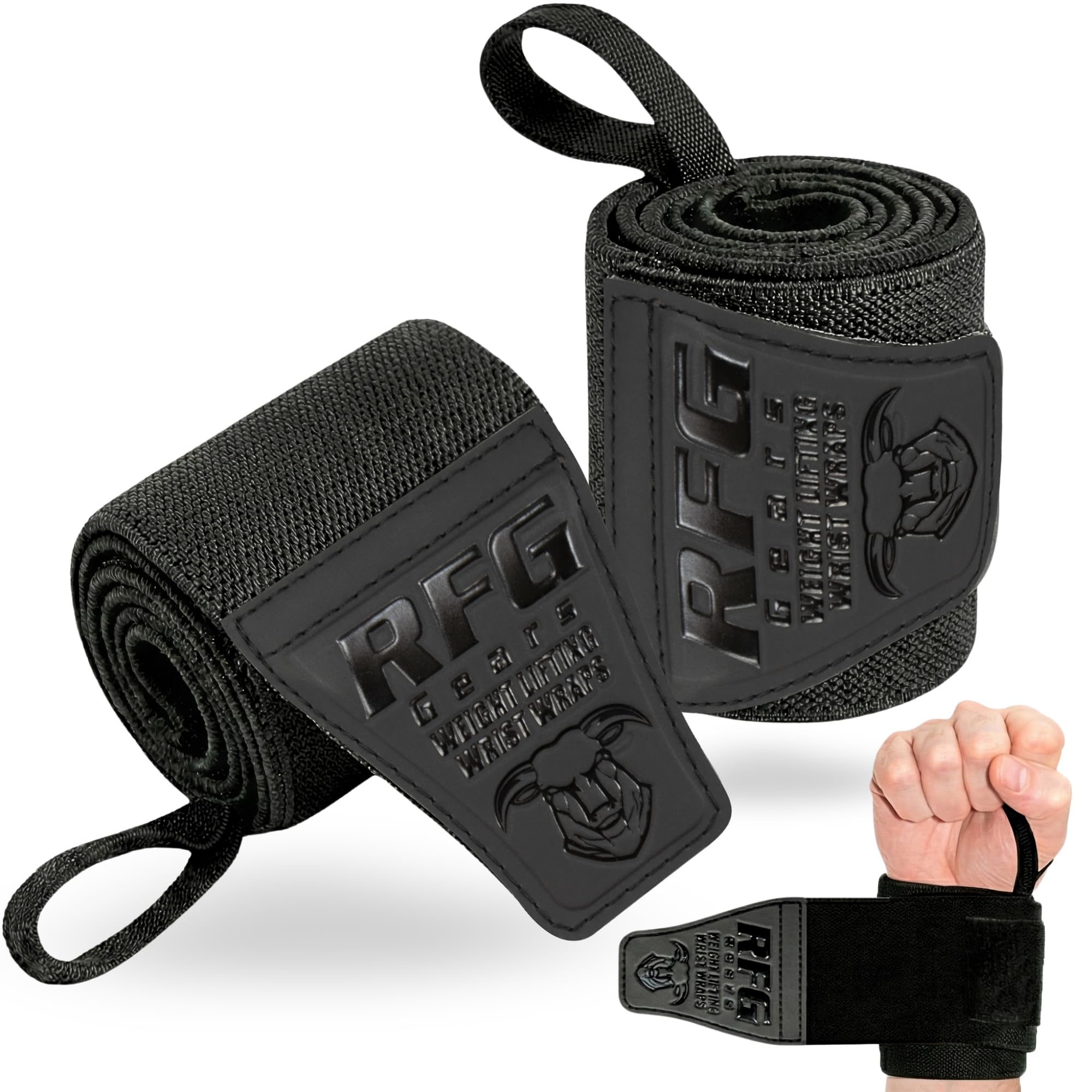 RFG Gears Blackout Weightlifting Wrist Wraps – Heavy Duty 13" & 18" Gym Wrist Support – Reinforced Thumb Loop Non-Slip Gym Straps for Weightlifting, Powerlifting, Bench Press & CrossFit (18 Inches)
