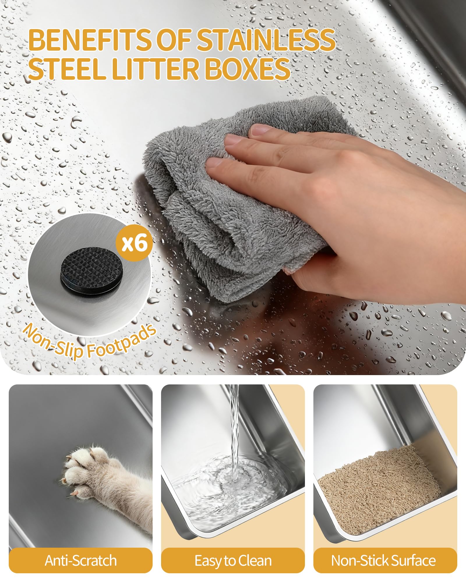 Hzuaneri Arenero de Acero Inoxidable XXL con Tapa, Arenero Cerrado para Gatos con Doble Puerta, 60x40x42 cm, Antiadherente, Fácil de Limpiar, con Pala y Gran Plataforma, Gris Claro ELB89899G