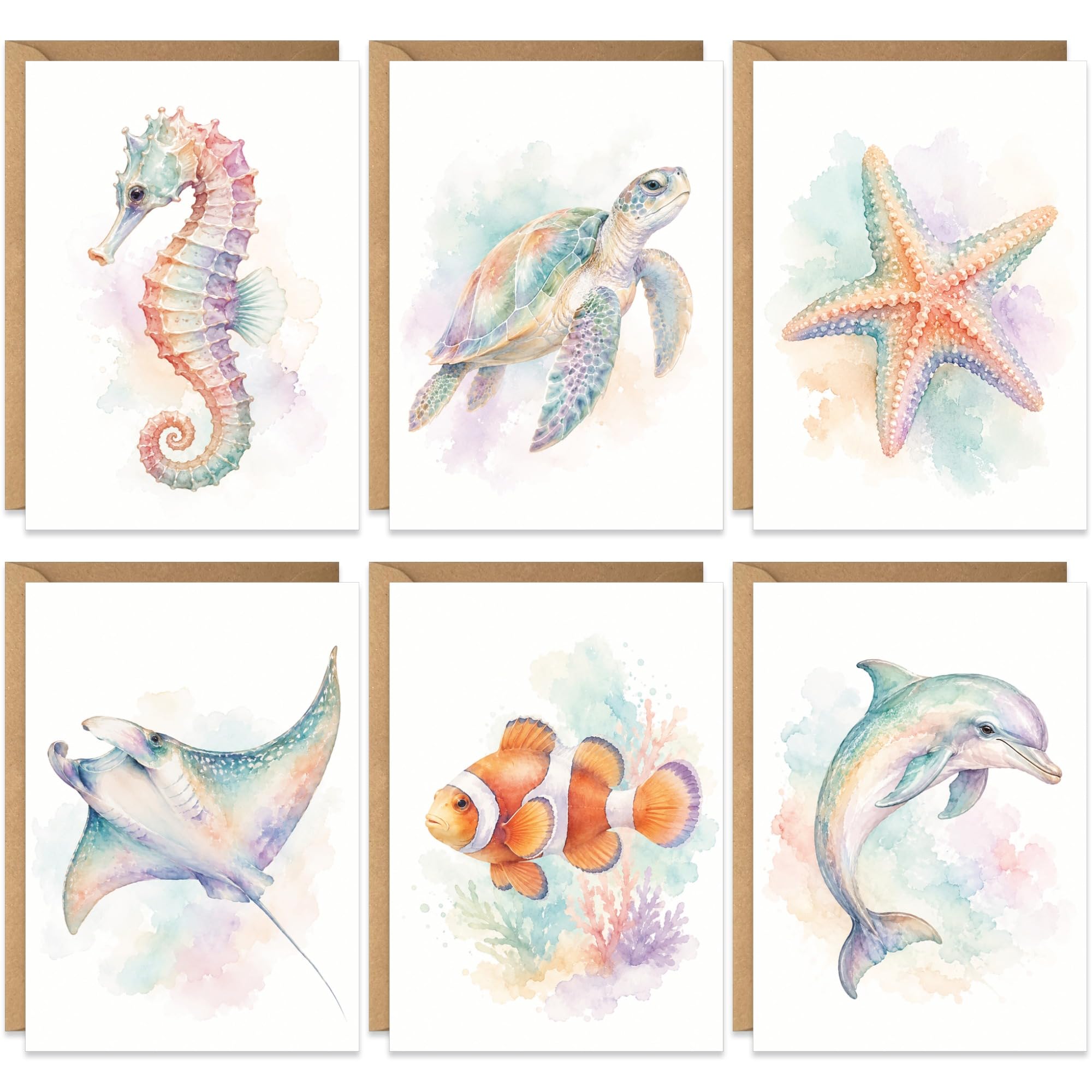 10 Ocean Animal Cards with Envelopes, Thank You Sea Life Themed Blank Cards Multipack, Assorted All Occasion Designs, Watercolour Note Cards for Thank You, Birthday, Christmas