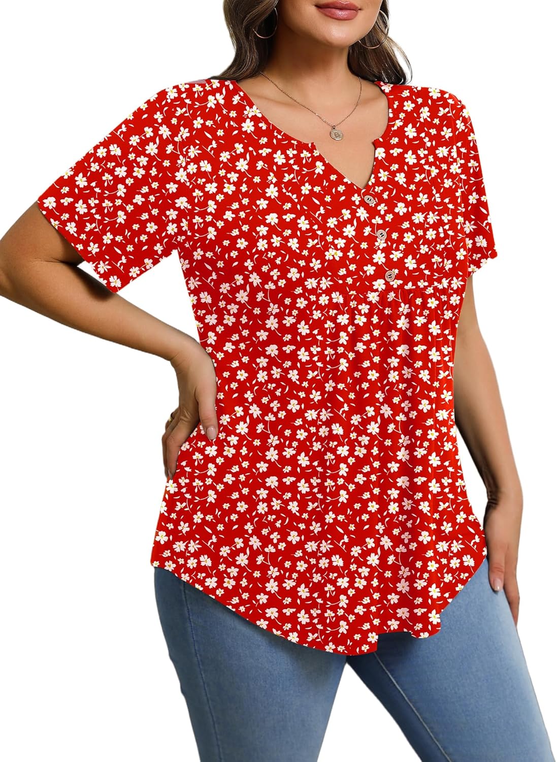 IN'VOLAND Womens Plus Size Tunic Top Summer Short Sleeve T-Shirt V-neck Button Up Dressy Blouse Casual Pleated Pullover 1X-5X - Image 3