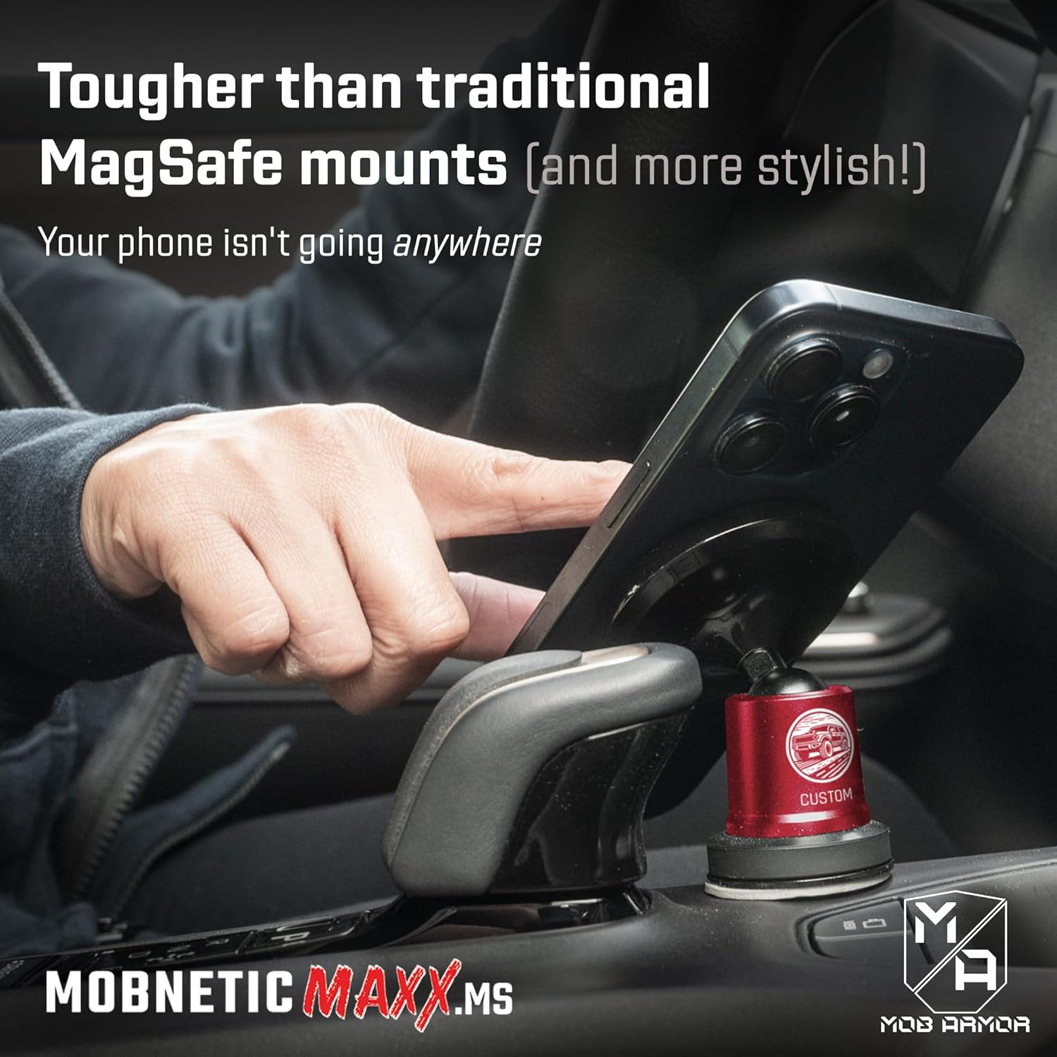 Mob Armor MobNetic Maxx MS - Customized MagSafe Compatible Magnetic Phone Holder for Car, Personalized Phone Mount Made w/ Heavy Duty Aluminum Metal, Works w/ iPhones & Androids - Red