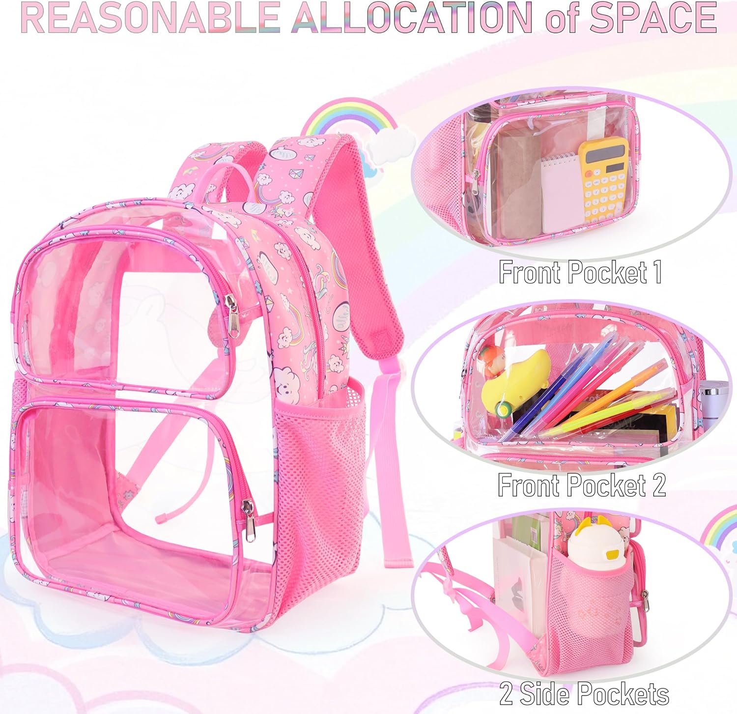 Clear Backpack,16'' Clear Backpack for Girls Heavy Duty School Backpacks See Through Bookbag for Kids 4 to 8,Purple Rainbow - Image 5