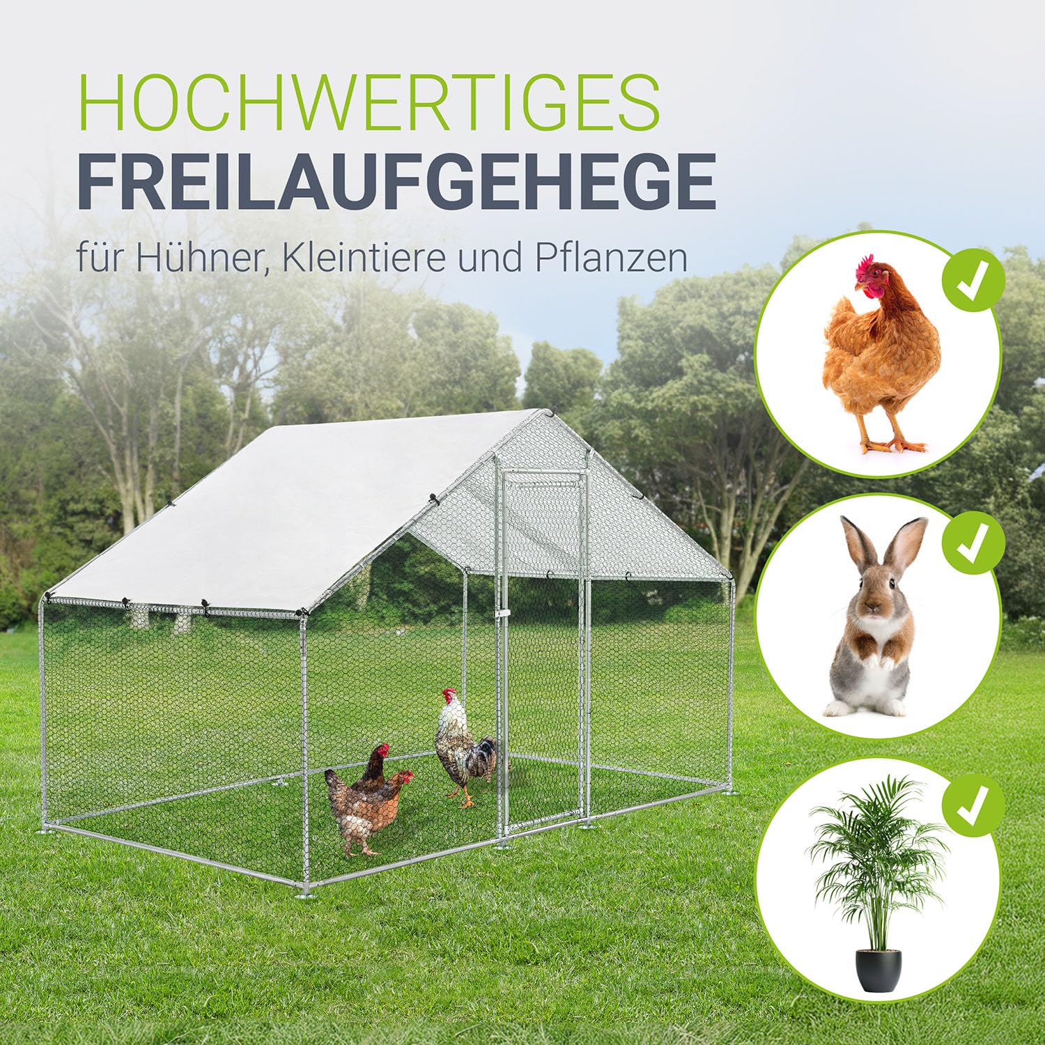 Juskys Freilaufgehege 3x2x2m - Hühnerstall aus Metall begehbar mit 6 m² Lauffläche, Tür & Riegel - Freigehege für Hühner, Kleintiere & Pflanzen