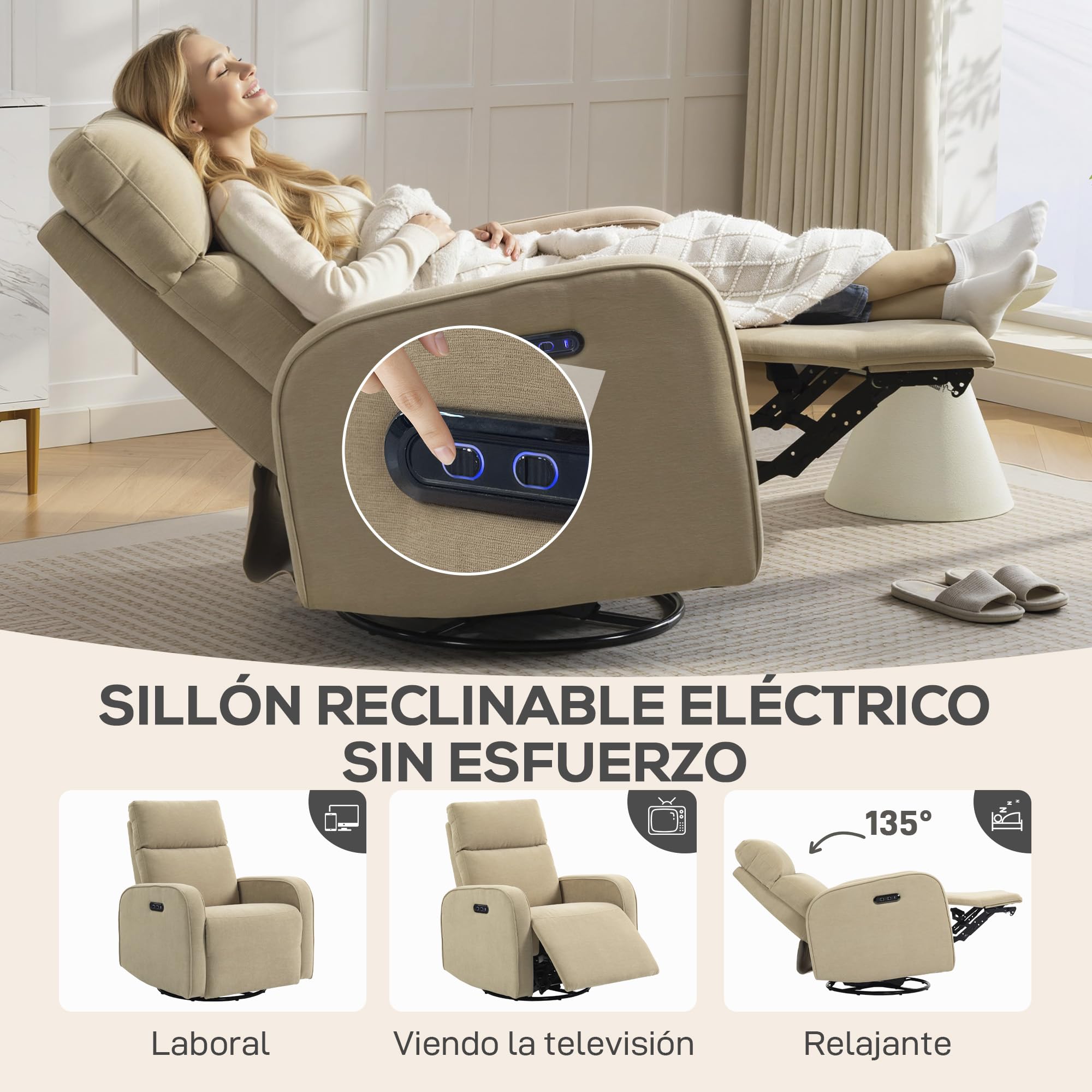 HOMCOM Sillón Relax Reclinable Eléctrico con Doble Motor Reposapiés Beige | Sillón Reclinable de Chenilla Giratorio, Balancín, Reposacabezas Ajustable, Puertos USB y USB-C, Botones Iluminados