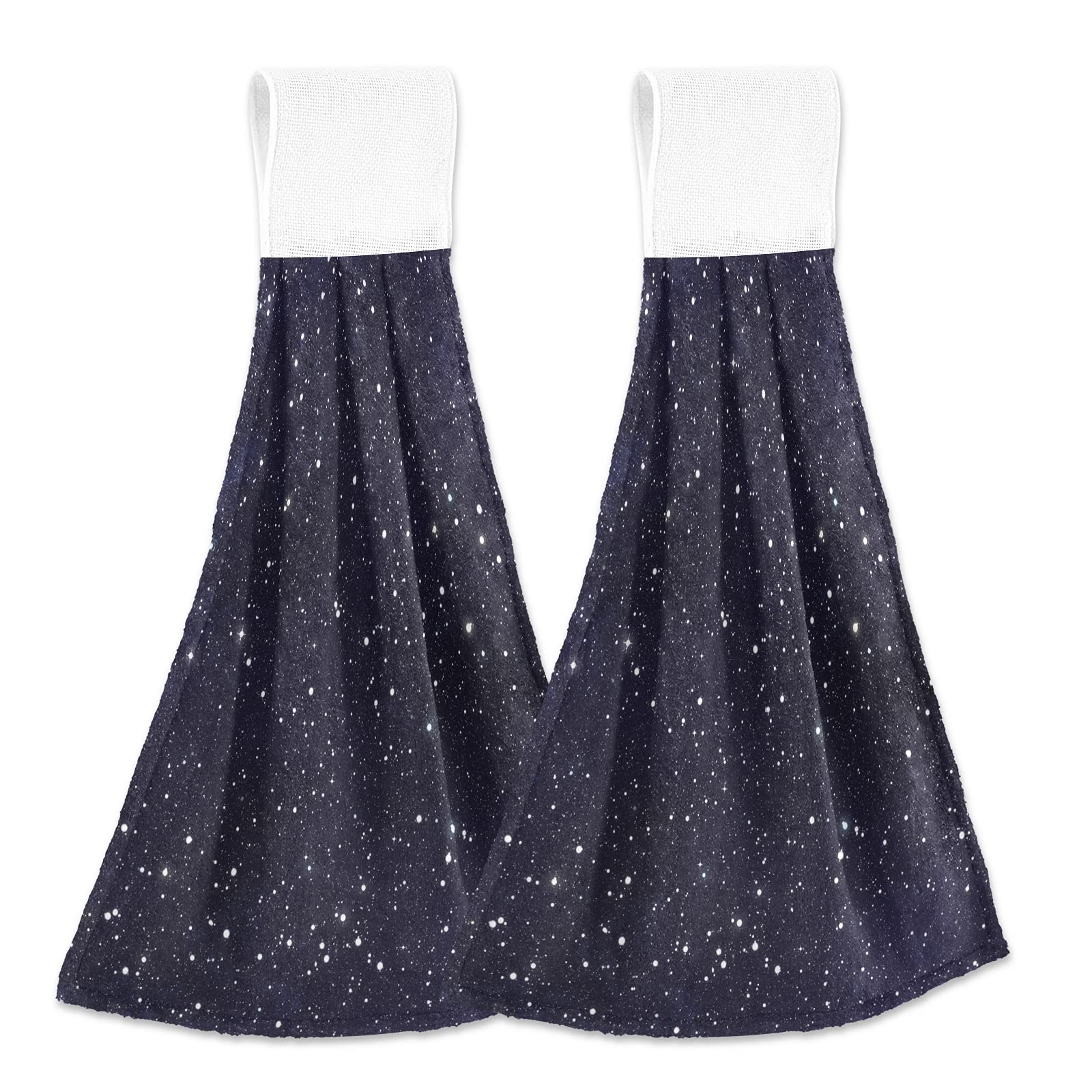 Poeticcity Dark Blue Galaxy Night Sky with Seamless Bright Stars 2 PCs Hanging Kitchen Hand Towel, Dish Dishcloth Towels with Hanging Loop, Absorbent Tea Bar Bath Tie Towel for Tabletop Kitchen
