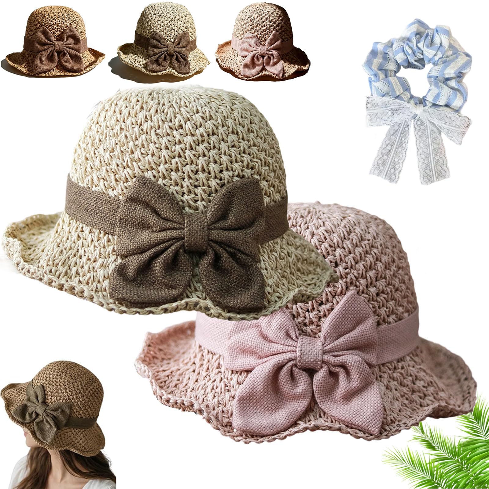 Gienslru Versatile Retro Woven Handmade Straw Hat with Ruffled Bow, Elegant Woven Straw Sun Hat, Straws Hats with Retro Bow, Uv Protection Ruffle Wide Brim Straws Bucket Hats (Beige+Pink)