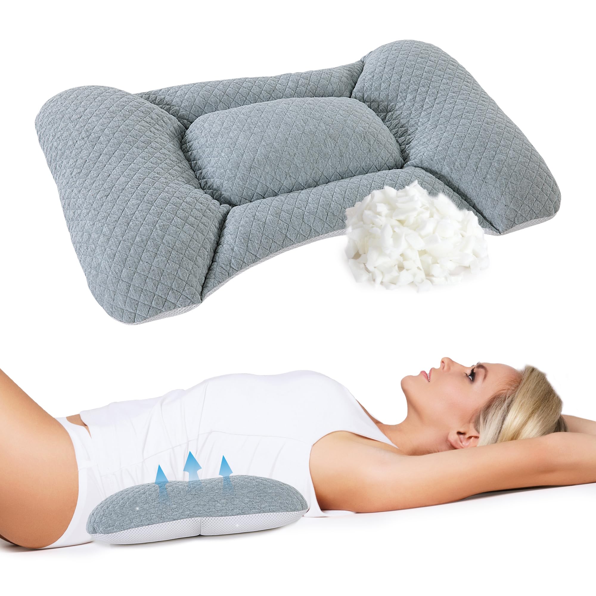 HOMBYS Adjustable Lumbar Support Pillow for Bed Sleeping, 4" Height Ergonomic Lumbar Pillow for Office Chairs Car Seats, Relieve Back & Lumbar Pressure, Shredded Memory Foam Filling, Light Grey