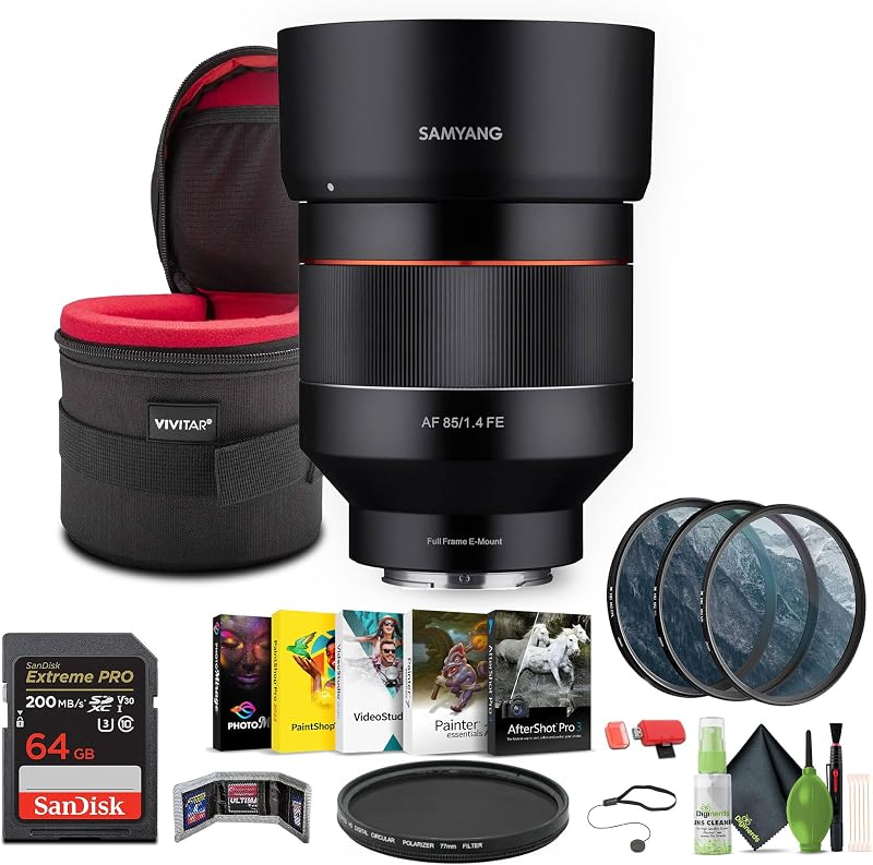 Samyang SYIO85AF-E 85mm F1.4 Auto Focus Weather Sealed Lens Compatible with Sony E-Mount Bundle with Extreme PRO 64GB Memory Card + Bower 77mm Digital HD Circular Polarizer Filter + More