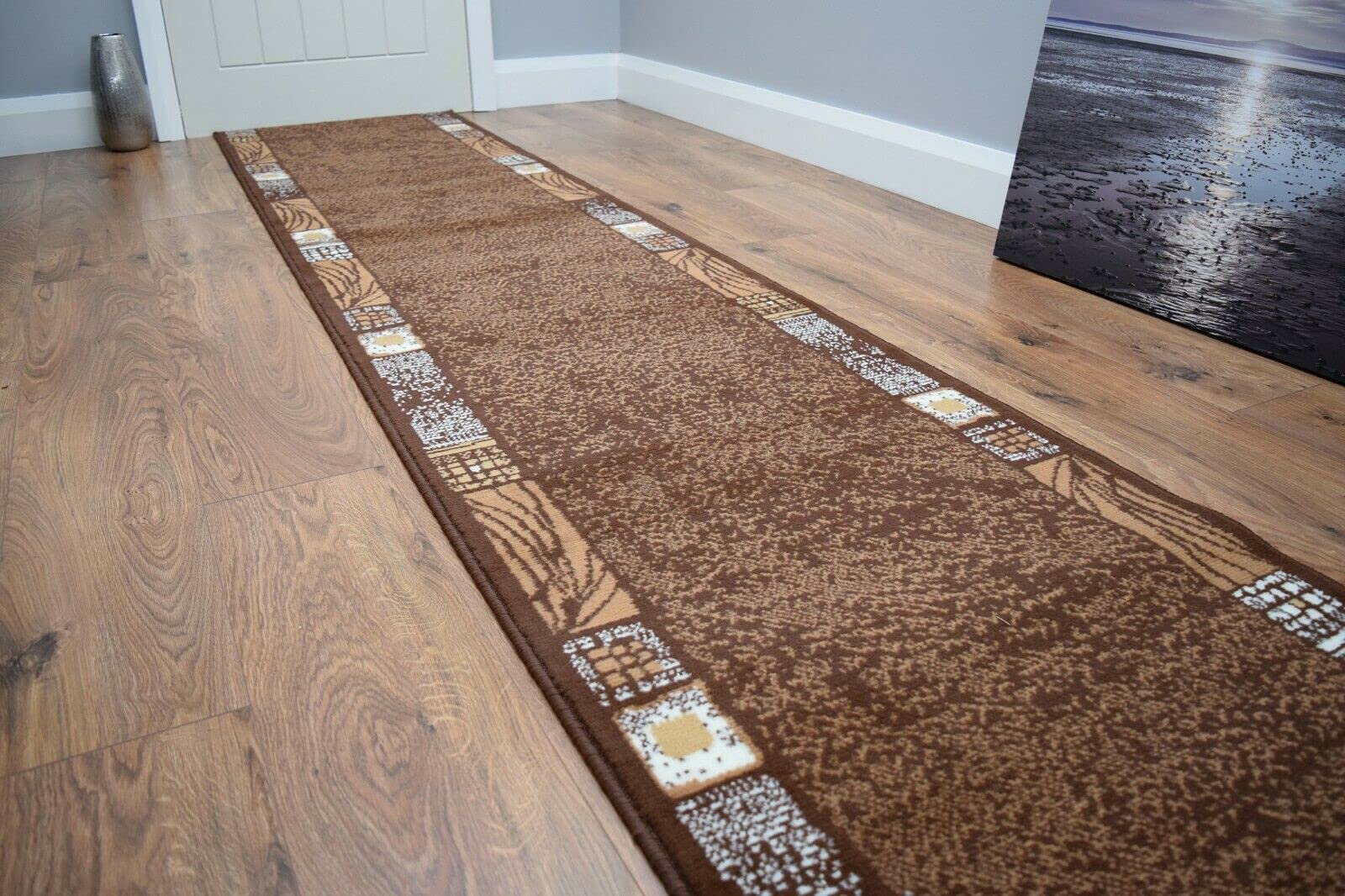 SrS Rugs® Luna Collection, Modern Long Carpet Runner Rug for Entrance Hall and Stairs. Smooth Soft 8mm Depth Pile. 70cm Wide. Any length (Brown Borders, Length: 27' (823cm)) — image 1