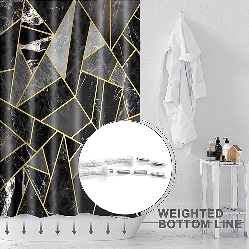 Miniatura 4 de Decoreagy Cortina de ducha de 36 pulgadas de ancho x 72 pulgadas de alto, juego de cortinas de ducha de baño de mármol negro y dorado con ganchos,