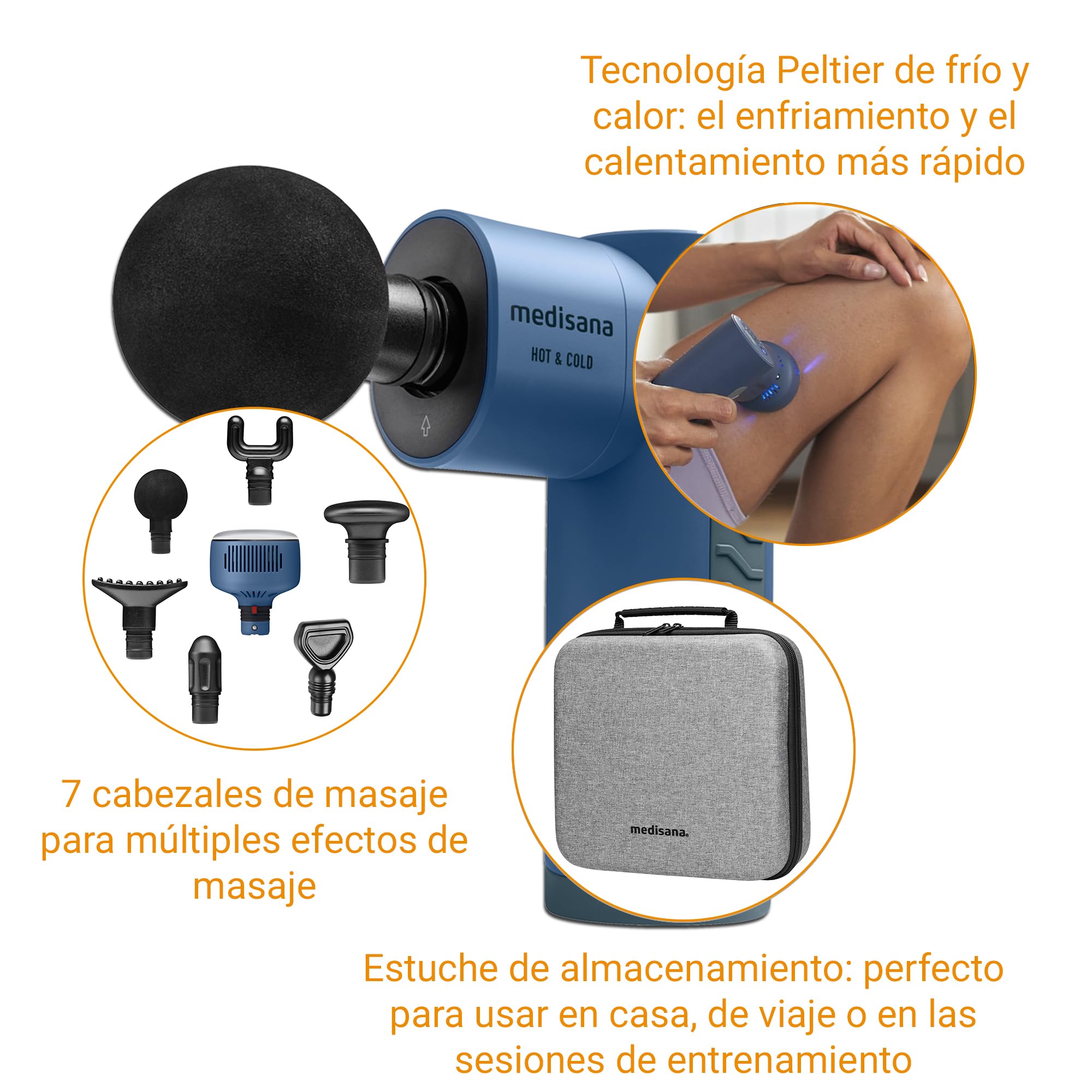medisana MG 600 Pistola de Masaje, Dispositivo de Masaje Eléctrico, Recuperación y Relajación Muscular, Función de Calor y Frío, Incluye 7 Accesorios de Masaje y 3 Niveles de Vibración