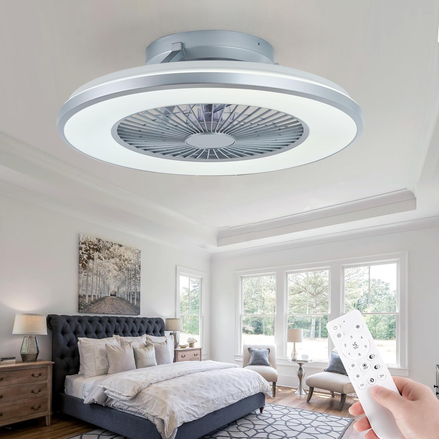 HUMHOLD Low Profile Ceiling Fan with Light Remote - 21" Bladeless Ceiling Fans 3 Dimmable LED Light, 6 Speeds, Quiet Reversible DC Motor, 5 Invisible Blades Modern Flush Mount CeilingFan for Bedroom 21" Silver
