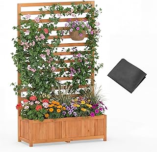 Giantex Raised Garden Bed with Trellis, 59” Tall Planter Box with Liner, Drainage Gaps for Climbing Vine Vegetable Flower, Indoor Outdoor Freestanding Privacy Screen for Porch Patio Yard
