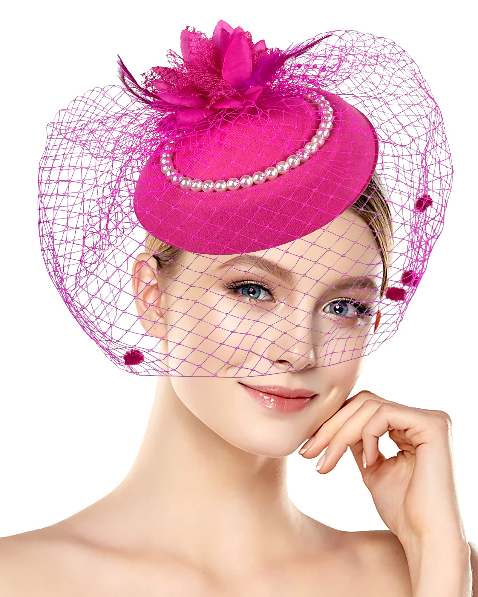 4764 1920s Vintage Fascinators Hats Pillbox Hat With Veil Pearl Top XGOPTS Women main image 4