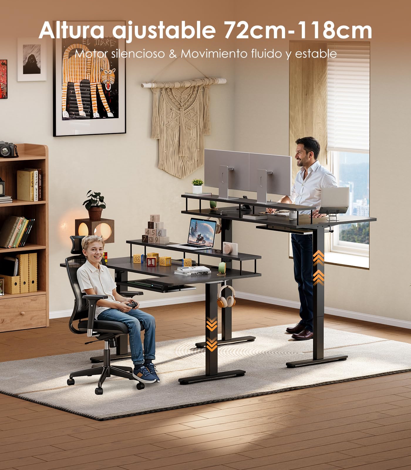 OffiGo Escritorio Gaming Regulable en Altura con LED 140×74 cm, Negro | Cubierta forma en U, USB y enchufes integrados, Mesa gaming con 4 memorias, Escritorio gaming con iluminación LED