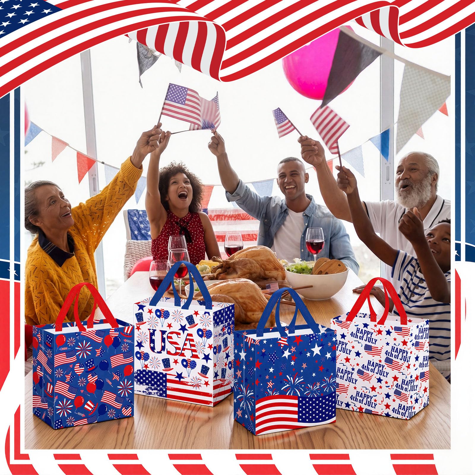 Wesnoy 48 Pcs 4th of July Patriotic Gift Bags Bulk with Handle Non Woven 250th Anniversary Goodie Bag Independence Day American Flag Memorial Day Tote Bag Holiday Party Favor, 11.4 x 10.6 x 4.7 Inch